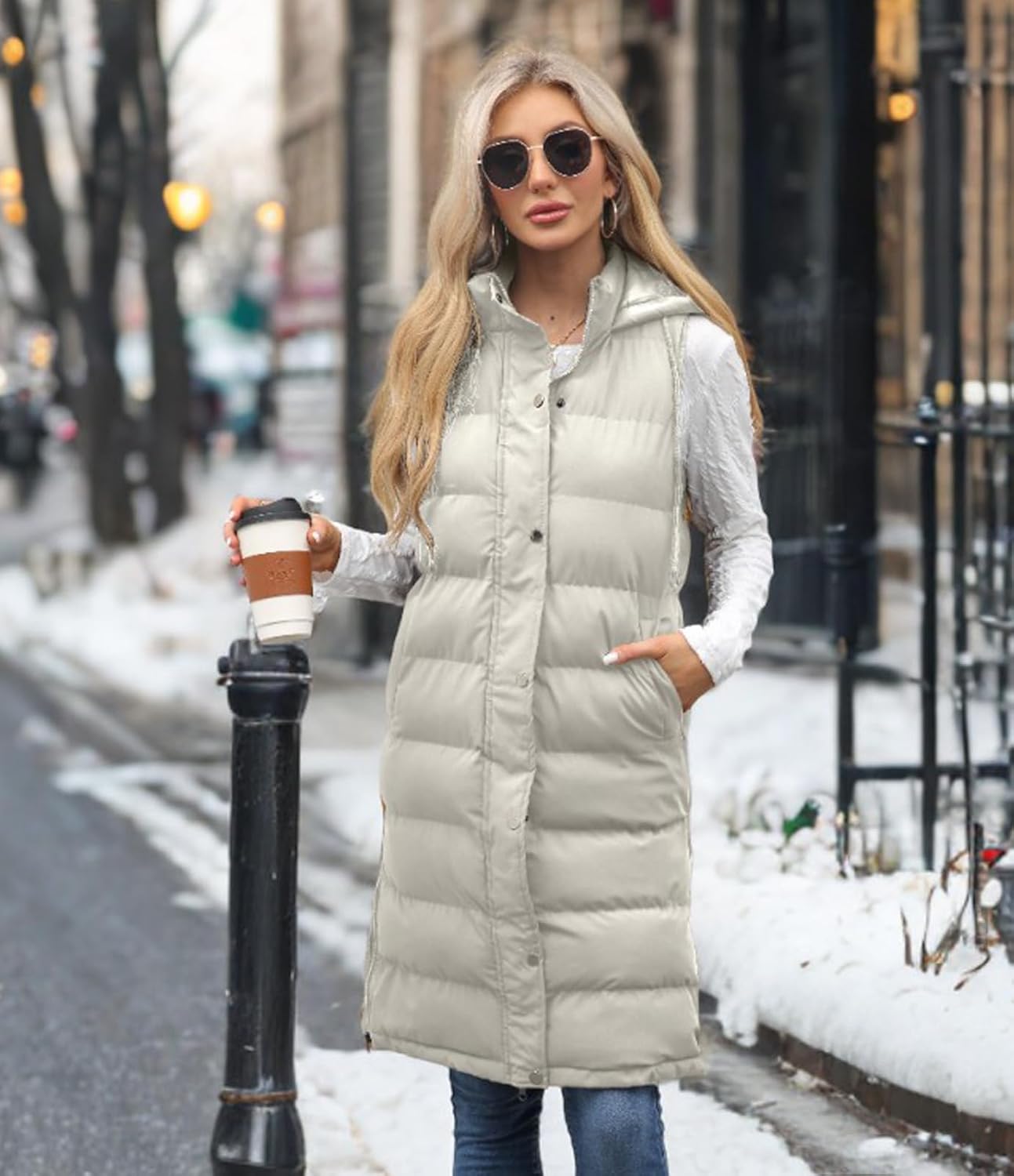 Ciguo Long Vest for Women Sleeveless Winter Long Puffer Vest Lightweight Warm Zip Up Hooded Jacket - Image 3