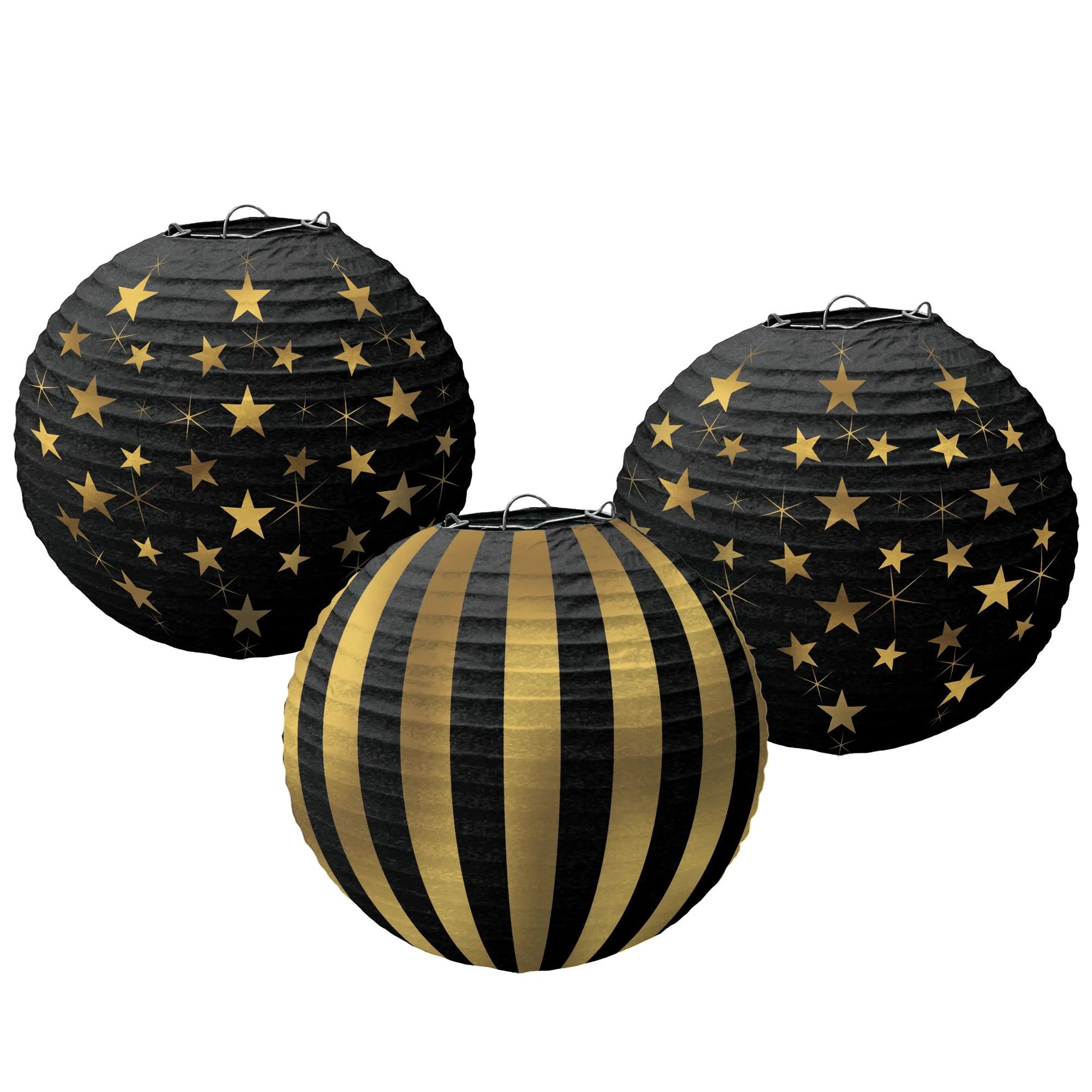 (PKT) Hollywood G&G Hot Stamped Lanterns 24cm (3 pk) - Glitz & Glam