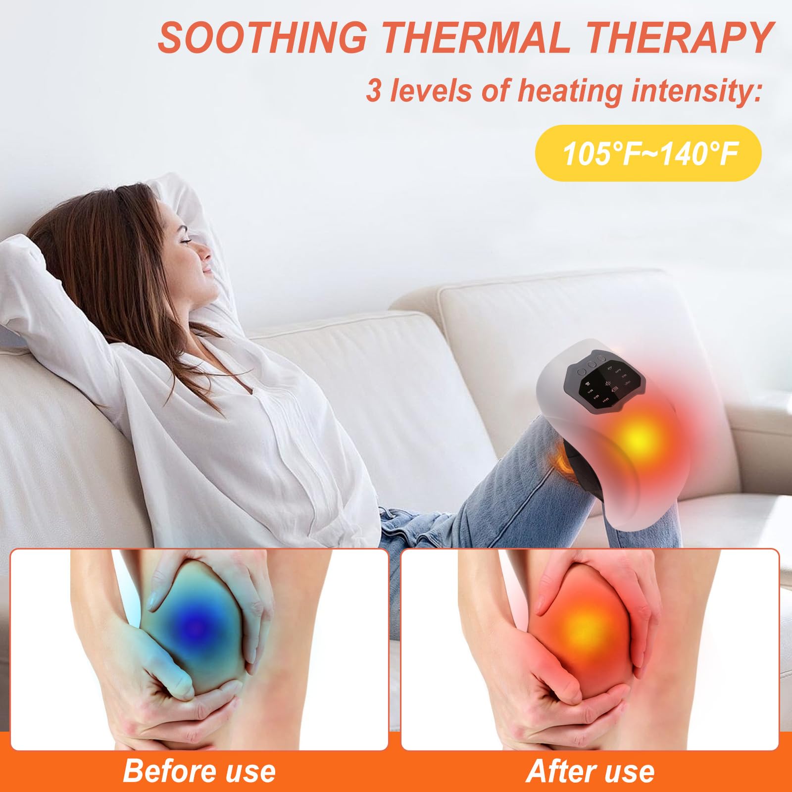 Dispositivo de masaje inalámbrico de rodilla, recargable, con calefacción de luz roja, bandas de rodilla de 48 cm de largo, pantalla LED, masajeador inalámbrico para rodillas relajadas