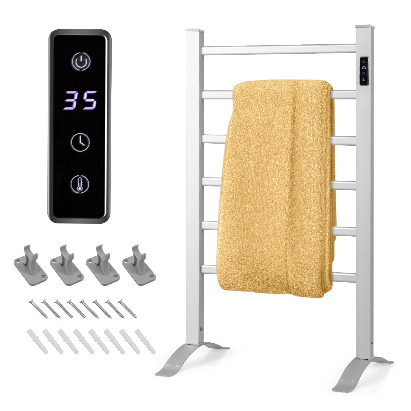 RELAX4LIFE Sèche-Serviettes Électrique 105W avec 6 Barres, Chauffage Porte-Serviettes 30℃-60℃ Mural/sur Pieds, Radiateur Électrique pour Serviettes en Aluminium avec Minuterie Protection Surchauffe