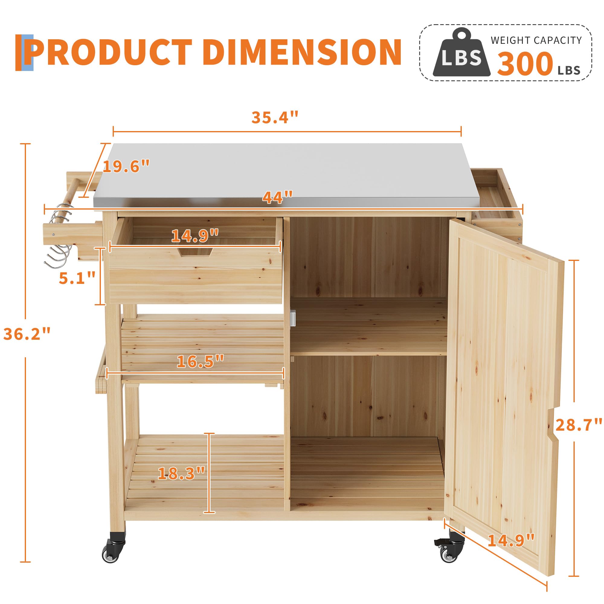 Garvee Chariot de Barbecue supplémentaireérieur Professionnel – Plan de Travail INOX, Armoire de Rangement, tiroir, étagères Ouvertes, Porte-épices, roulettes – Îlot Mobile et Table d’appoint pour