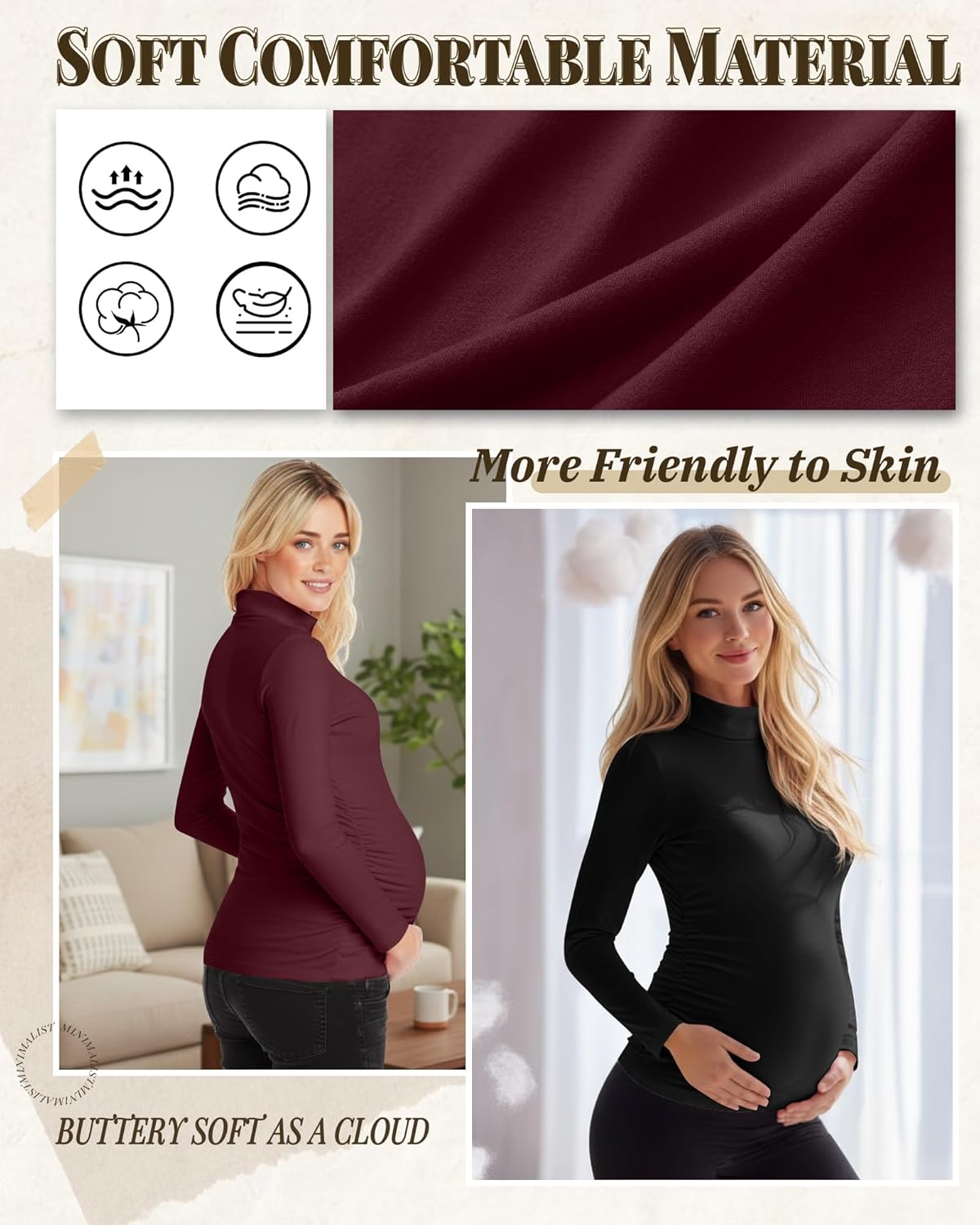 4 Pack Women's Maternity Shirts, Turtleneck Long Sleeve Pregnancy Tee Tops Side Ruched Mock Neck Maternity Clothes - Image 3
