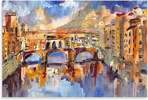 MLXFCGA Póster de paisaje de acuarela con puente antiguo en Florencia, Italia, pinturas artísticas para pared, decoración de pared, decoración del