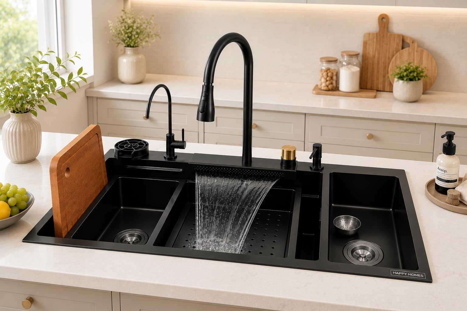 HAPPY HOMES HAPPY HOMES 304 Stainless Steel Kitchen Sink 37x18x9 Double Bowl with Integrated Waterfall Pull Down Faucet with Water Purifier Tap, Basket with Complete Accessories (Black)