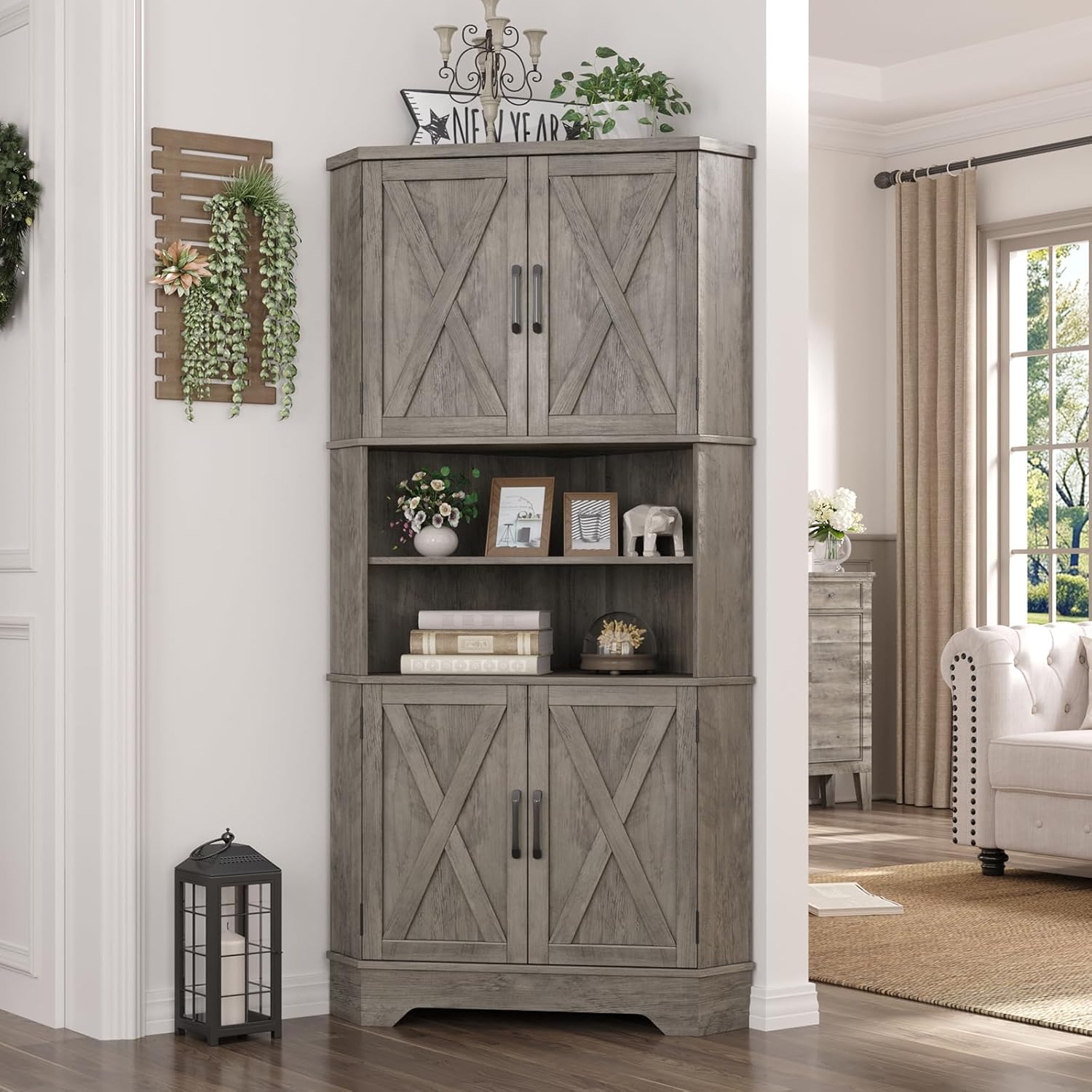 Corner Cabinet, 67''H Kitchen Pantry Storage Cabinet, 6-Tier Corner Food Pantry Hutch with 4 Barn Doors and Shelves, Tall Farmhouse Furniture for Kitchen Dining Living Room, Grey