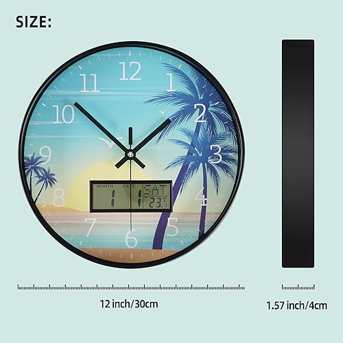 Miniatura 3 de Reloj de pared moderno con pantalla de temperatura Digita Day Week, patrón de playa azul, sin tictac, funciona con pilas con calendario y fecha para