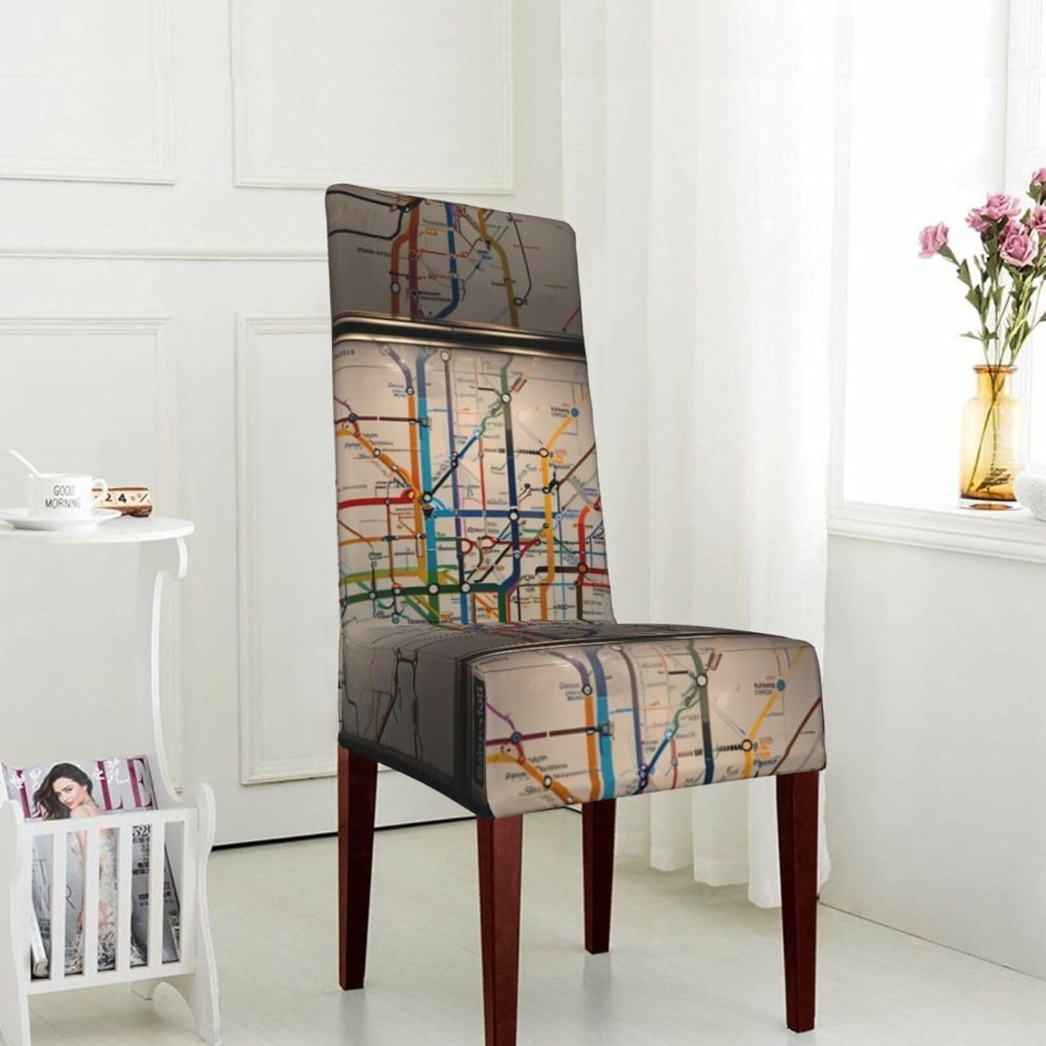 Subway Map Prints Protection Cover for Dining Chair – Stretchy & Wrinkle-Resistant Chair Throw Covers for Dining Room, Hotel, and Event Decor