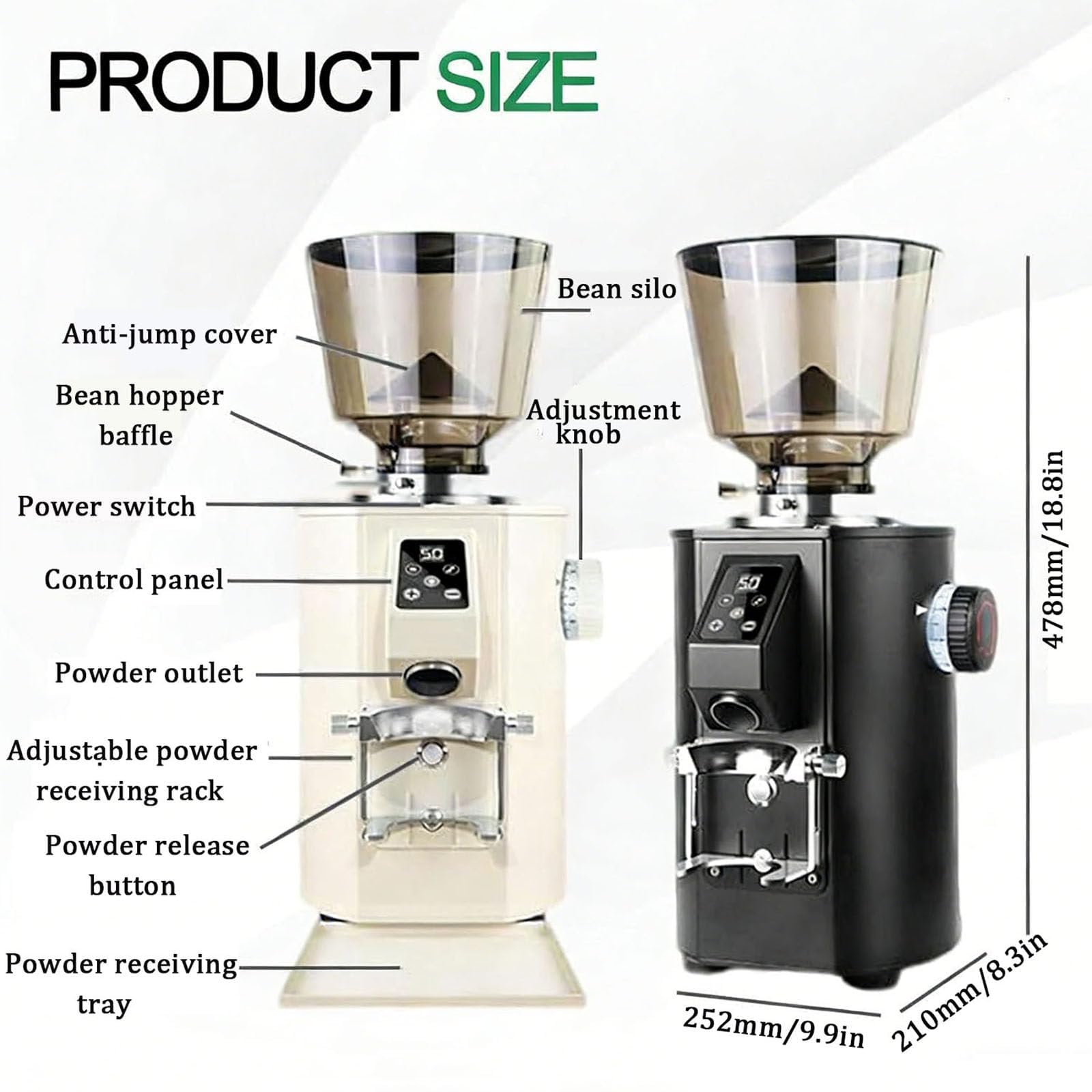 Molinillo de café eléctrico, molinillos de espresso de 450 g con 9 ajustes de molienda y muelas planas de acero de 64 mm, pantalla LED, cepillo, molinillo de especias para uso doméstico y comer white