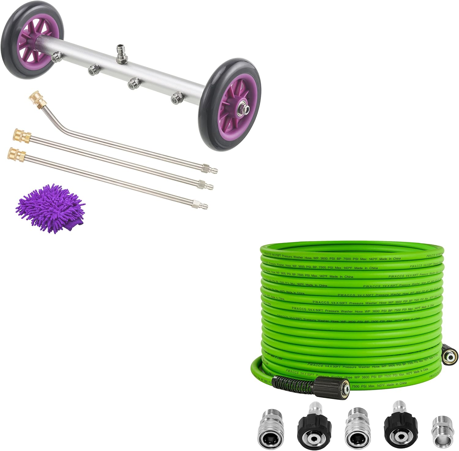 PWACCS Pressure Washer Undercarriage Cleaner – 16 Inch Power Washer Under Carriage Spray – Pressure Washer Hose, Kink Resistant Universal Power Washer Hose 50 FT x 1/4", Compatible with M22 Fittings