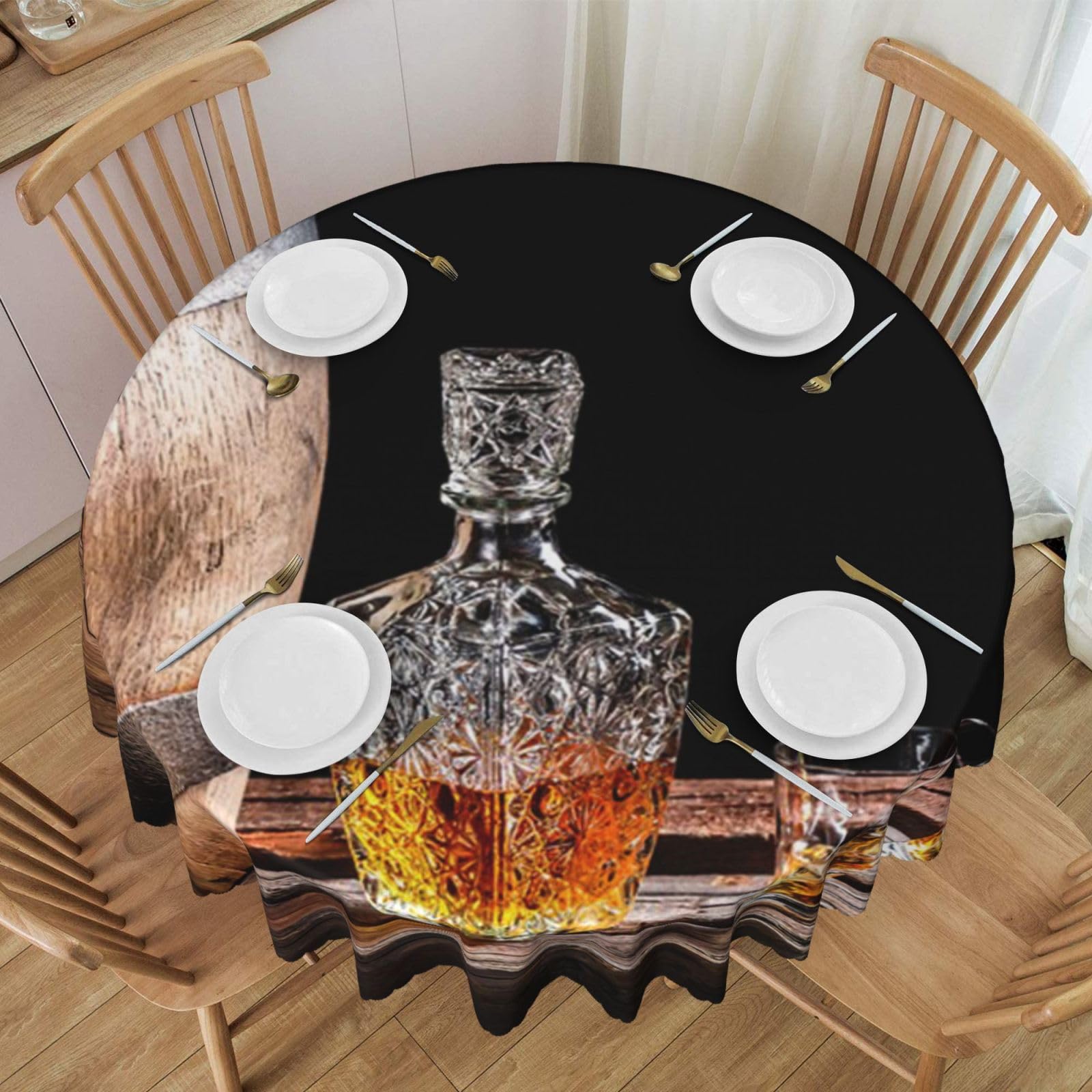 DCEHGEW 60 In Round Tablecloth with Lace, Whisky Beer Pictures Printed Oilproof & Washable Fabric Picnic Table Cloth Table Covers