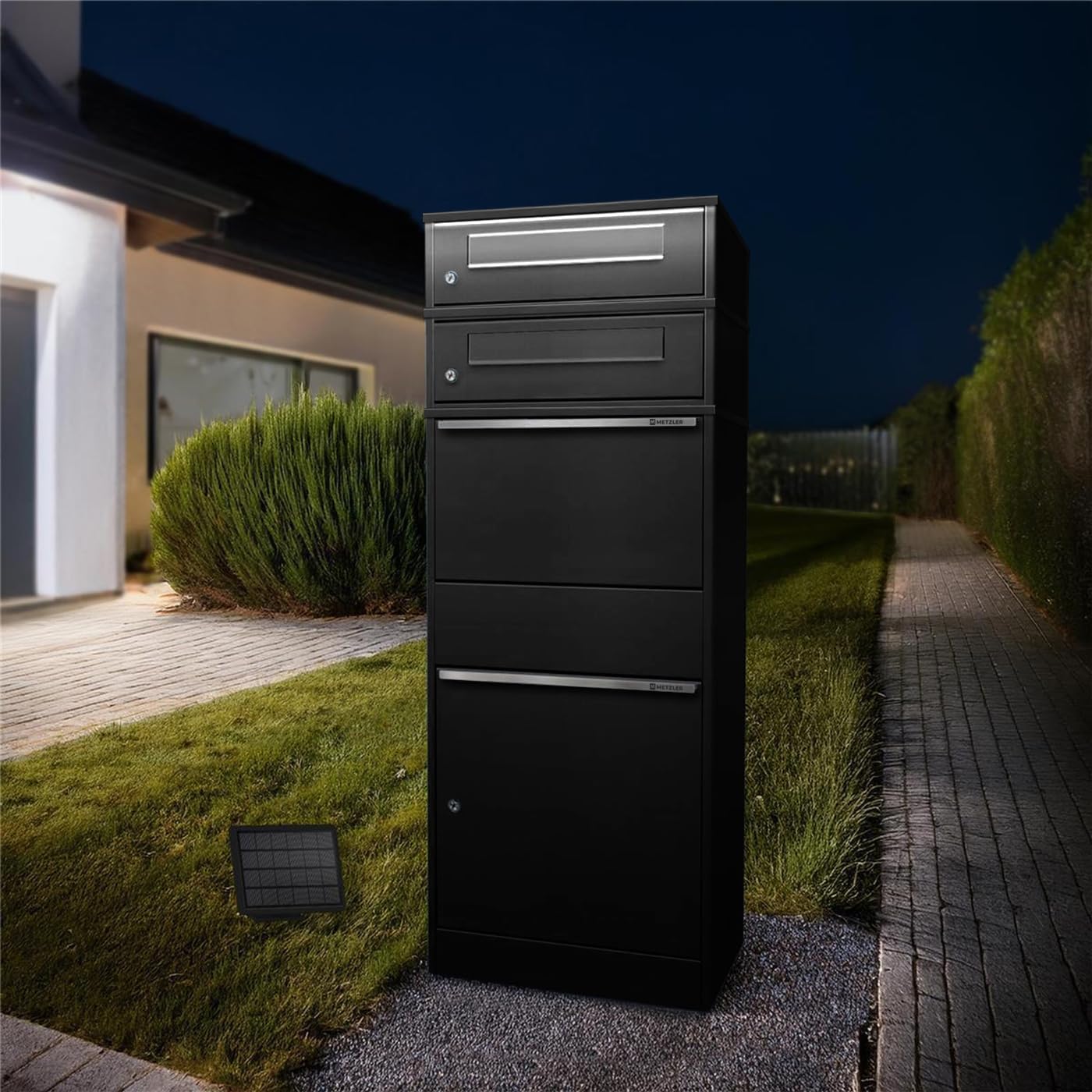 Parcel Box with LED Solar Lighting and Two Letter Boxes, Lockable and Weatherproof in Black without Engraving, Free Standing Made of Powder-Coated Steel, for Contactless Delivery Outside