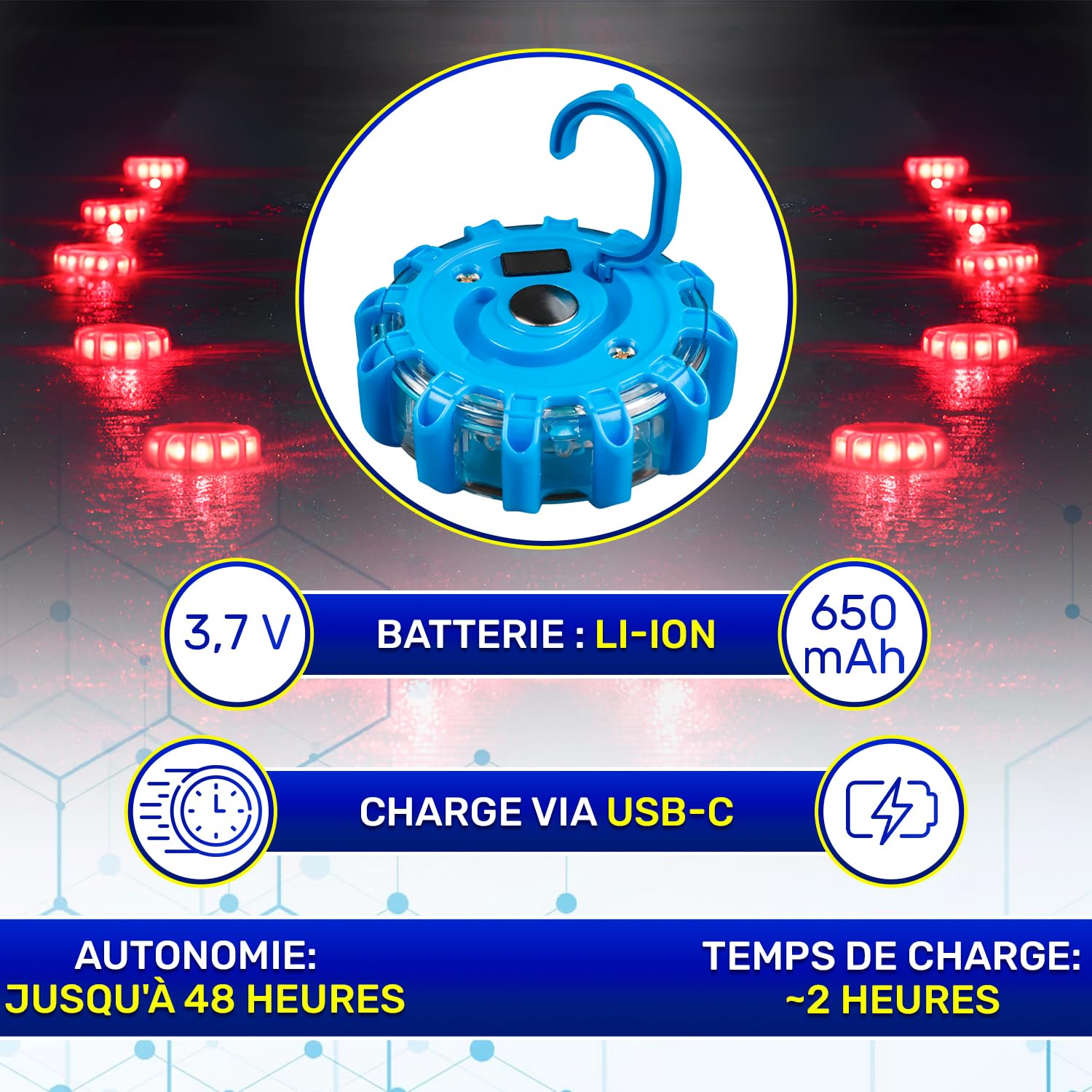 Gyrophare LED sans Fil pour Voiture avec Base Magnétique et Dispose de 9 Modes D’éclairage - Autonomie Jusqu’à 48 Heures - Girophare LED Vehicule Idéal en Cas D’arrêt D’urgence - MONTERAL