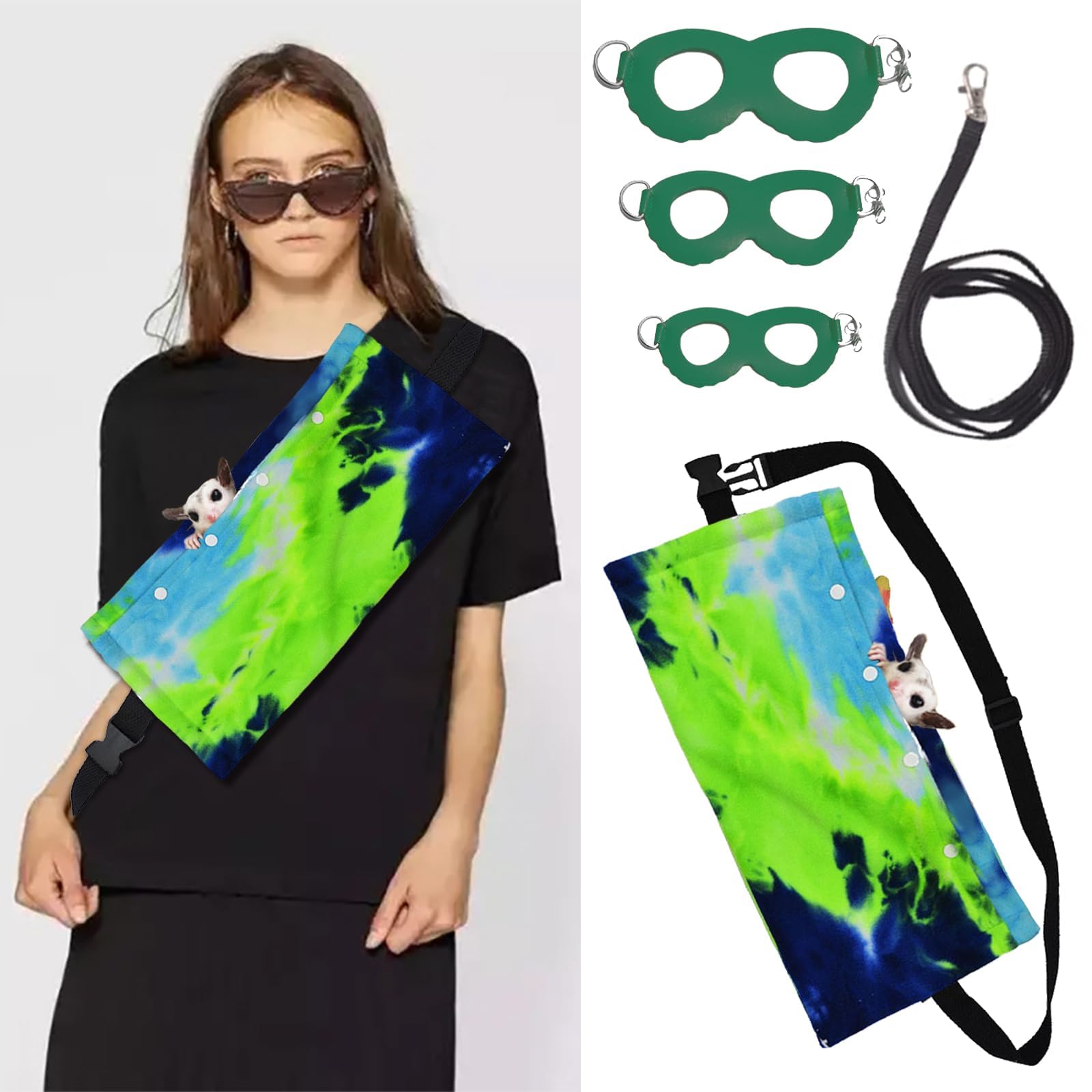 MANON ROSA Sugar Glider Pouch - Small Animal Carrier Bag with Harness Set for Bonding Sling for Reptile Pets Bearded Dragons Lizards Backpack Accessories for Outdoor Travel Walking Resting Green