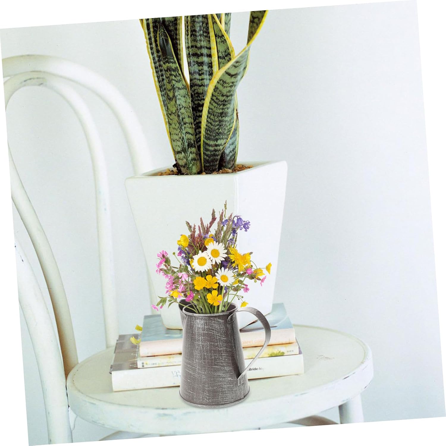 Retro Iron Pitcher Flower Holder with Handle for Arrangement