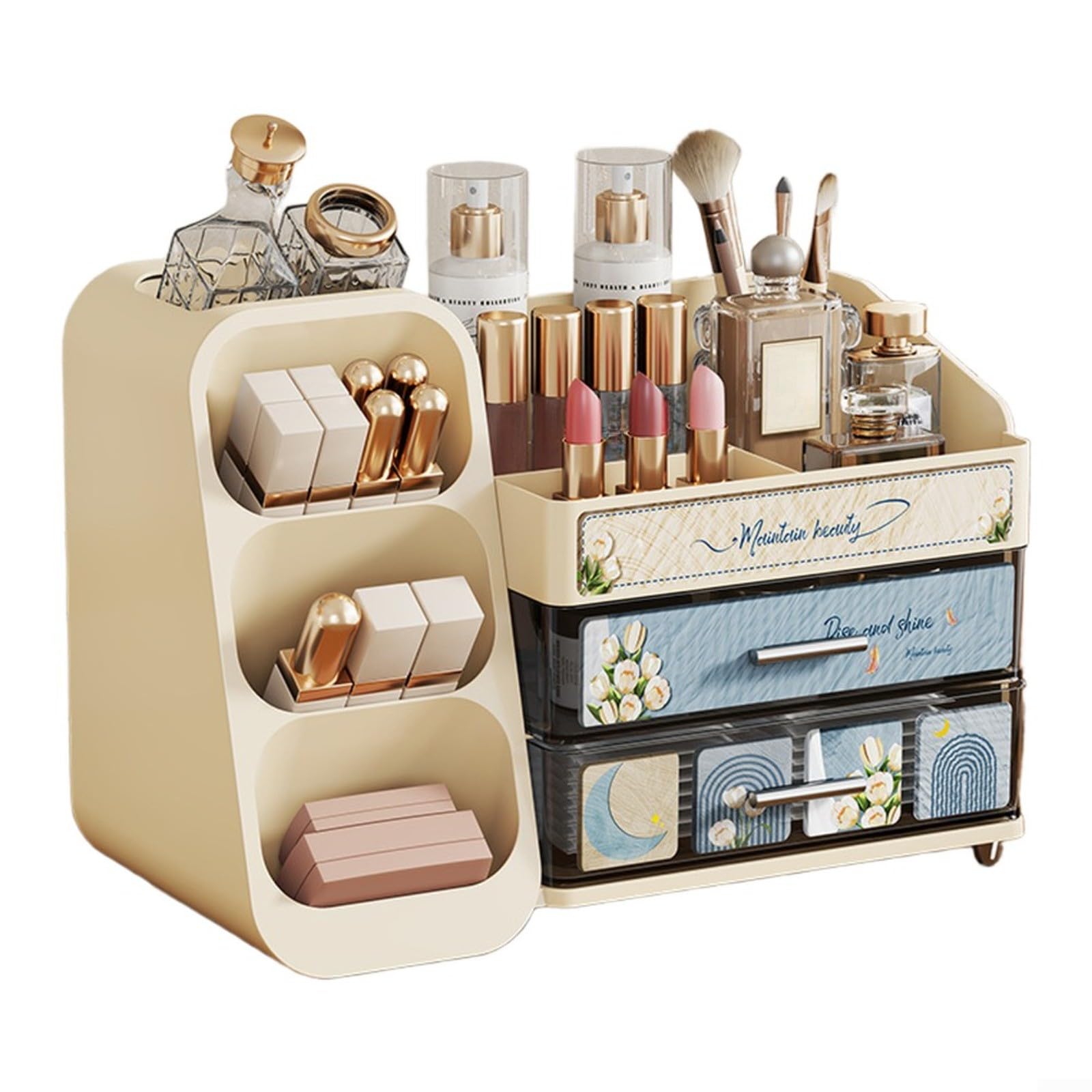 1 paquete organizador de cosméticos caja de almacenamiento de maquillaje con cajones para pintalabios perfume pinceles escritorio moderno ABS + PET negro 35 x 19 x 25 cm (D)