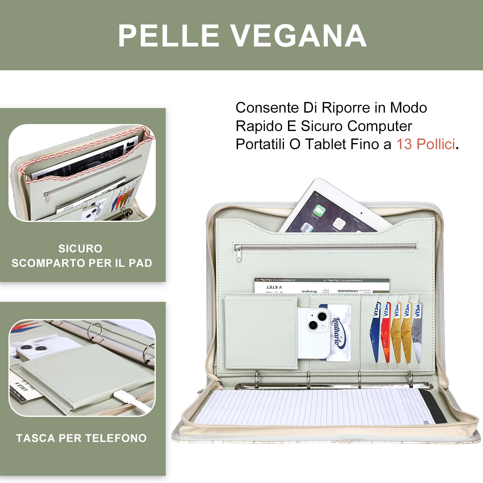 Leathario Cartella Portadocumenti A4 con 10 Fogli Trasparenti, 3 Blocchi per Scrivere, Raccoglitore ad Anelli, Faldoni con Zip