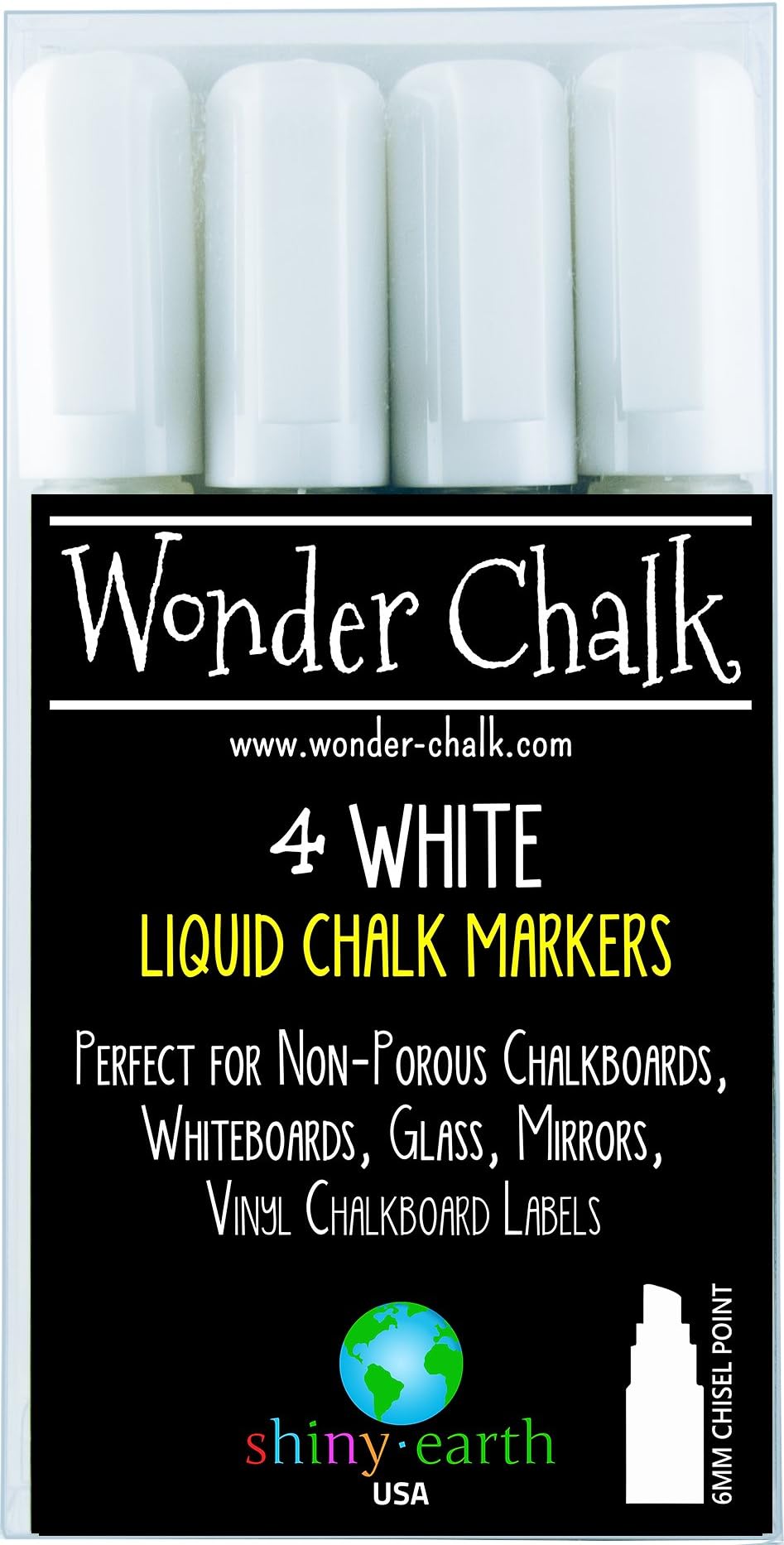 Chalk Markers by Wonder Chalk - 4 Liquid Chalk Paint Pens in Bright White, Wet Erase, Odor Free, Non-Toxic Water-based Ink, 6mm Chisel Tip for Fine or Thick Lines on Chalkboards & Non-porous Surface