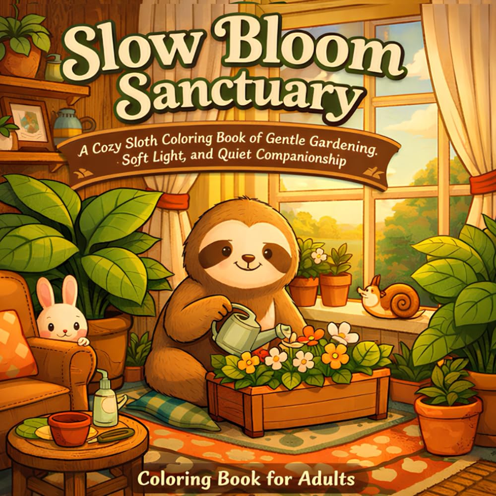 Slow Bloom Sanctuary: A Cozy Sloth Coloring Book of Gentle Gardening, Soft Light, and Quiet Companionship