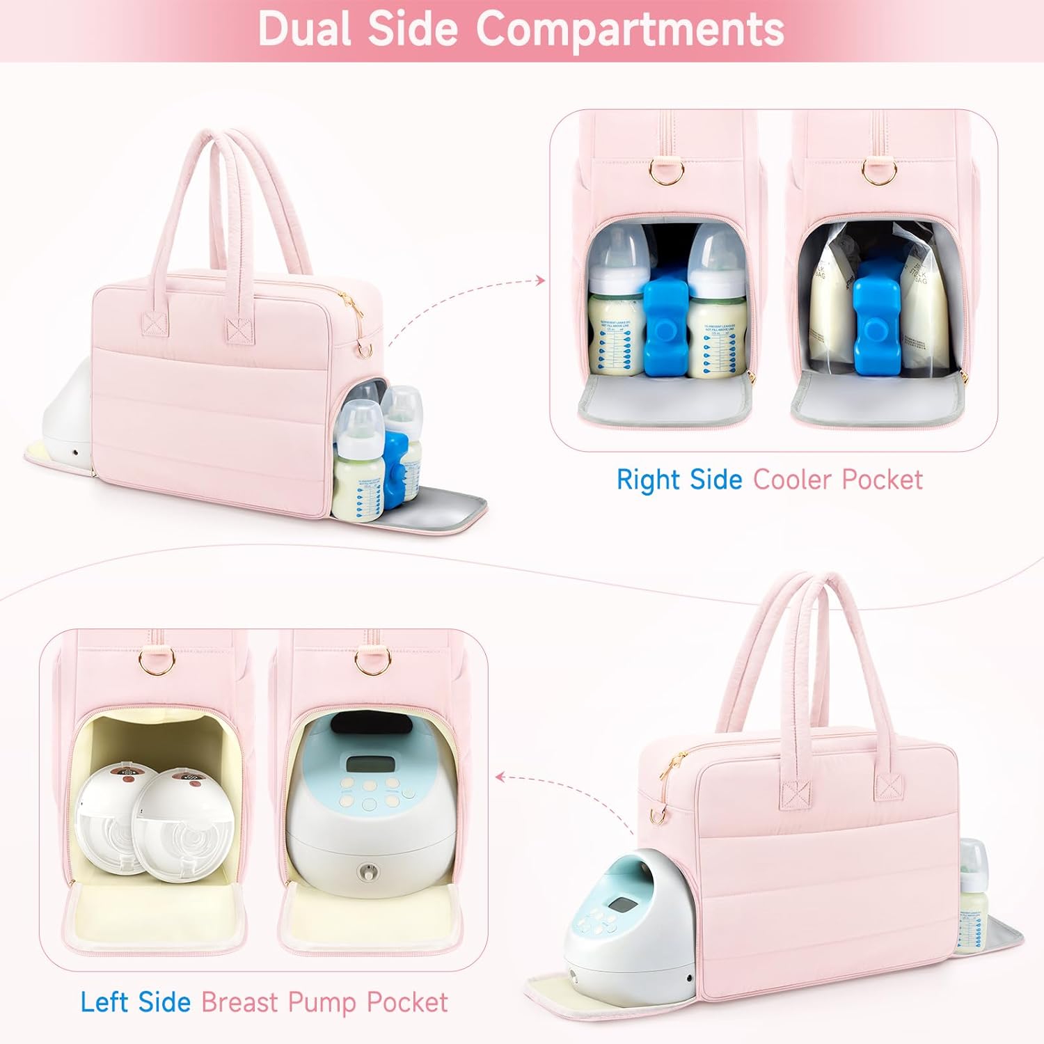Breast Pump Bag with Insulated Breast Milk Cooler Pocket, Fits Spectra S1/S2 & Most Pumps, Water‑Resistant Work & Travel Tote with 15.6" Laptop Sleeve, Stroller Straps, Luggage Sleeve & Ice Pack, Pink