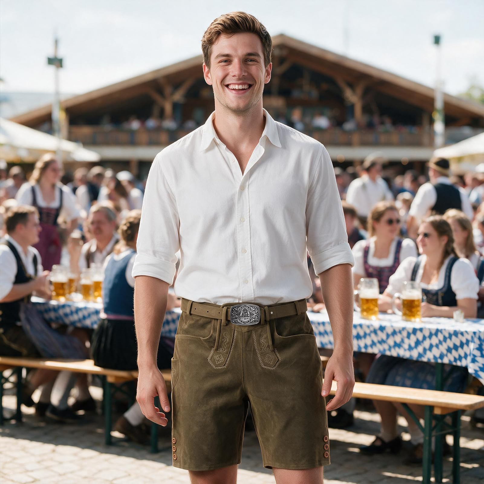 Lederhose Herren Kurz mit Trachtengürtel, Oktoberfest Outfit Trachtenlederhosen für Herren