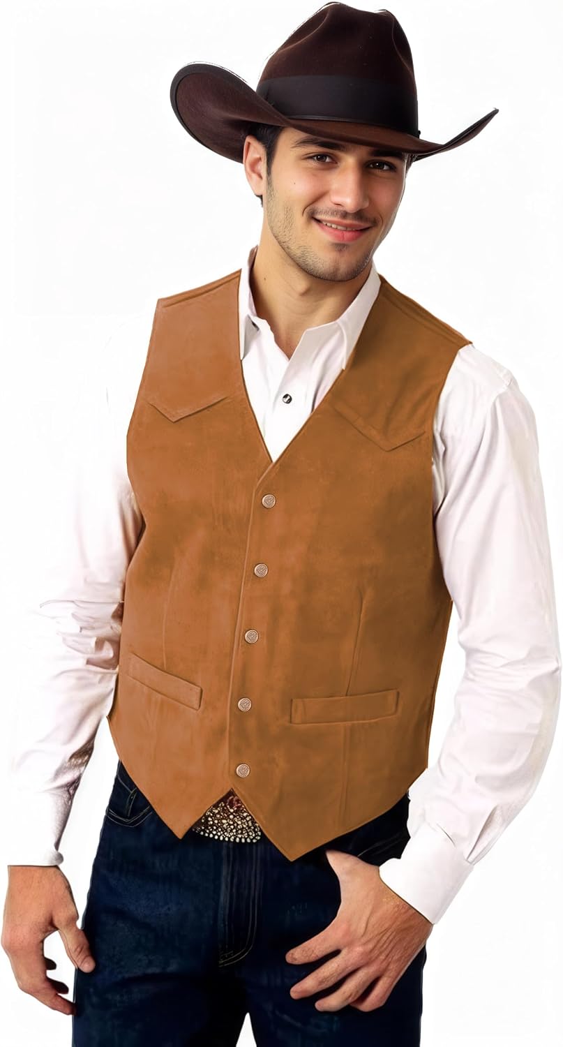 Men's Suede Leather Vest Casual Cowboy Western Vests Mens Waistcoat