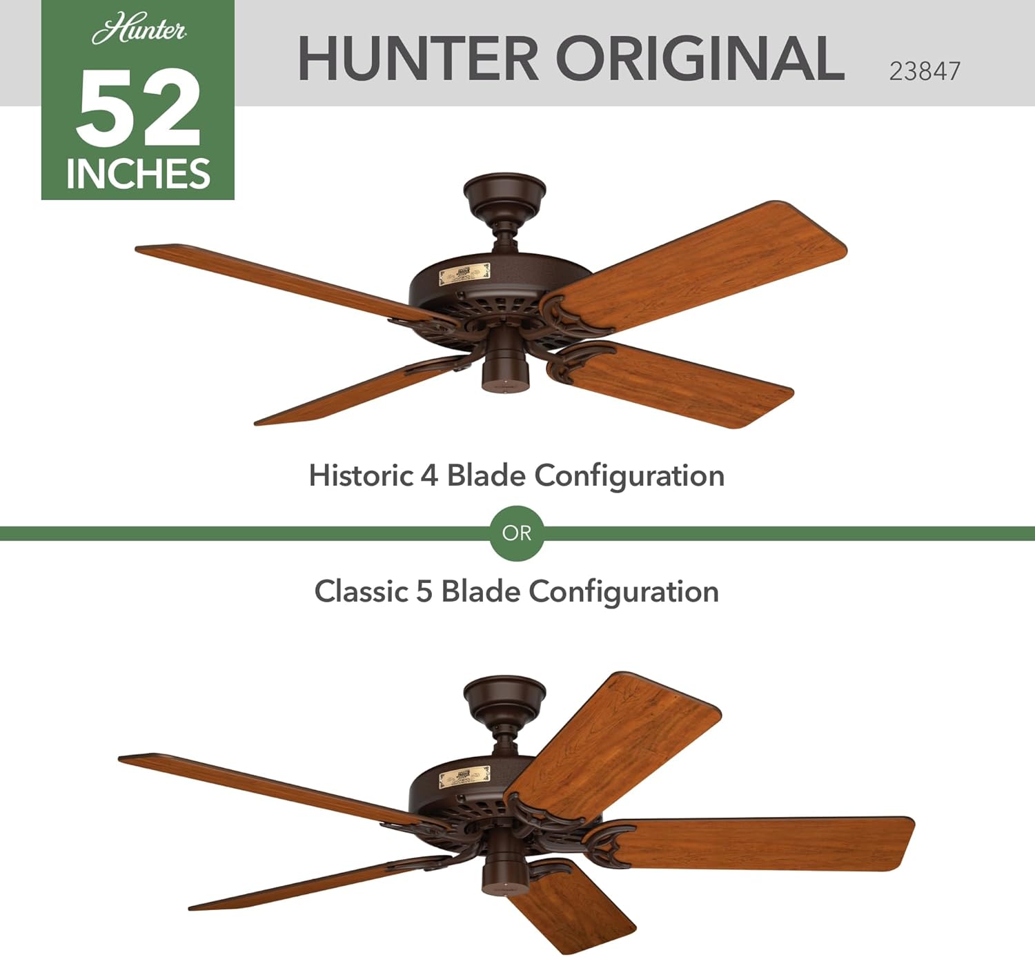 Hunter 52 inch Outdoor or Indoor Ceiling Fan No Light - Brown Ceiling Fan without Light, For Patio, Porch, Garage, or Living Room, Standard Mount, 5 Blades, Pull Chain - Original 23847, Chestnut Brown