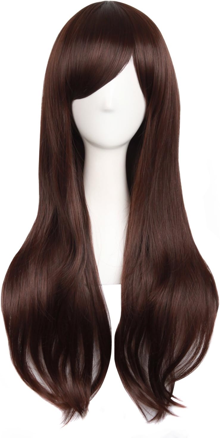 MapofBeauty 28"/70cm Women Side Bangs Long Curly Hair Cosplay Wig(Dark Brown)
