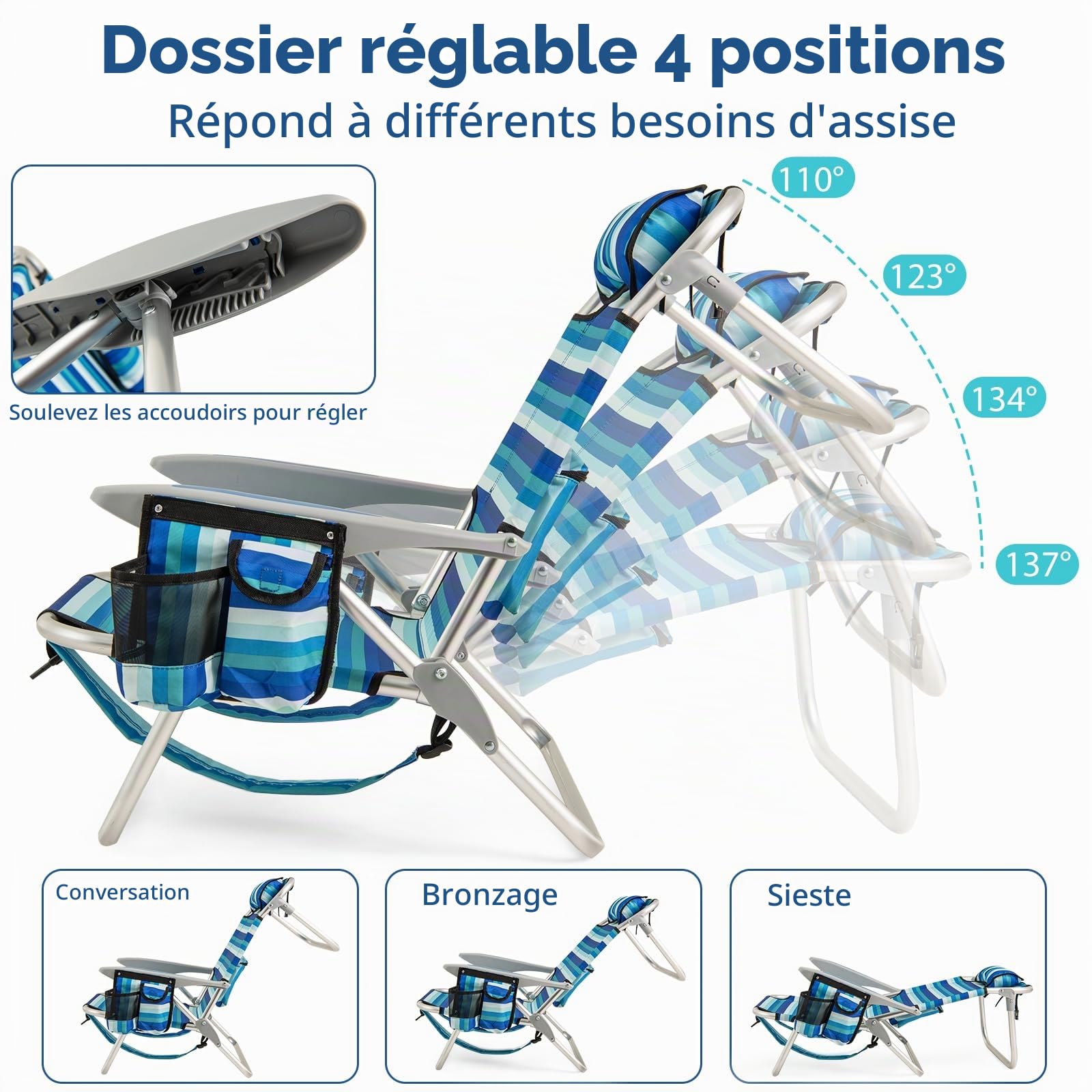 KOMFOTTEU Chaises de Plage Pliables, Dossier réglable en 4 Positions, Fauteil de Plage avec Appui-tête, Chaise de Camping avec Poches latérales & Porte-Serviette, Charge de 150 kg, Bleu (1)