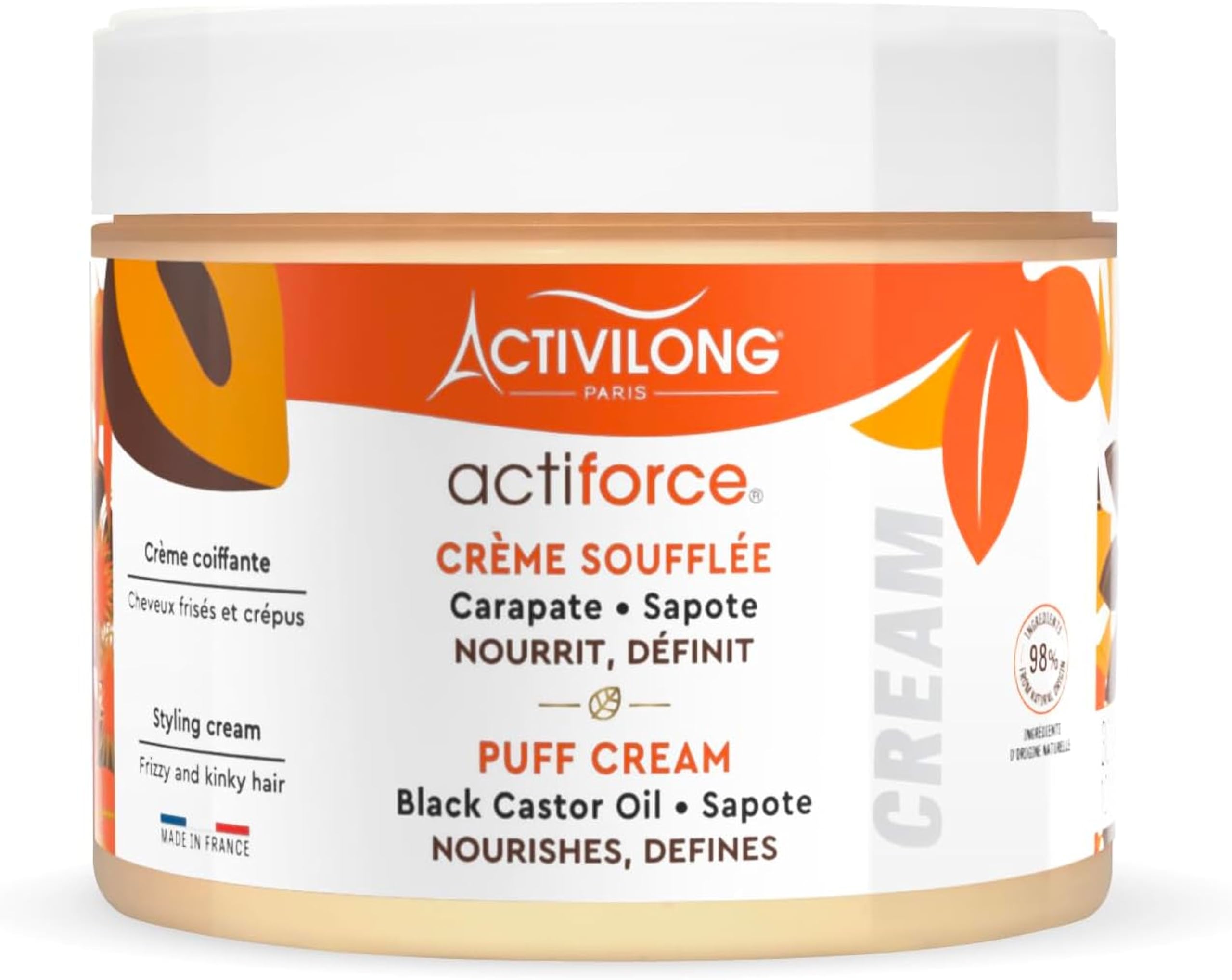ACTIVILONG Crème Soufflée Actiforce pour Cheveux Frisés et Crépus - 98% Ingrédients Naturels, Sans Silicone ni Huile Min
