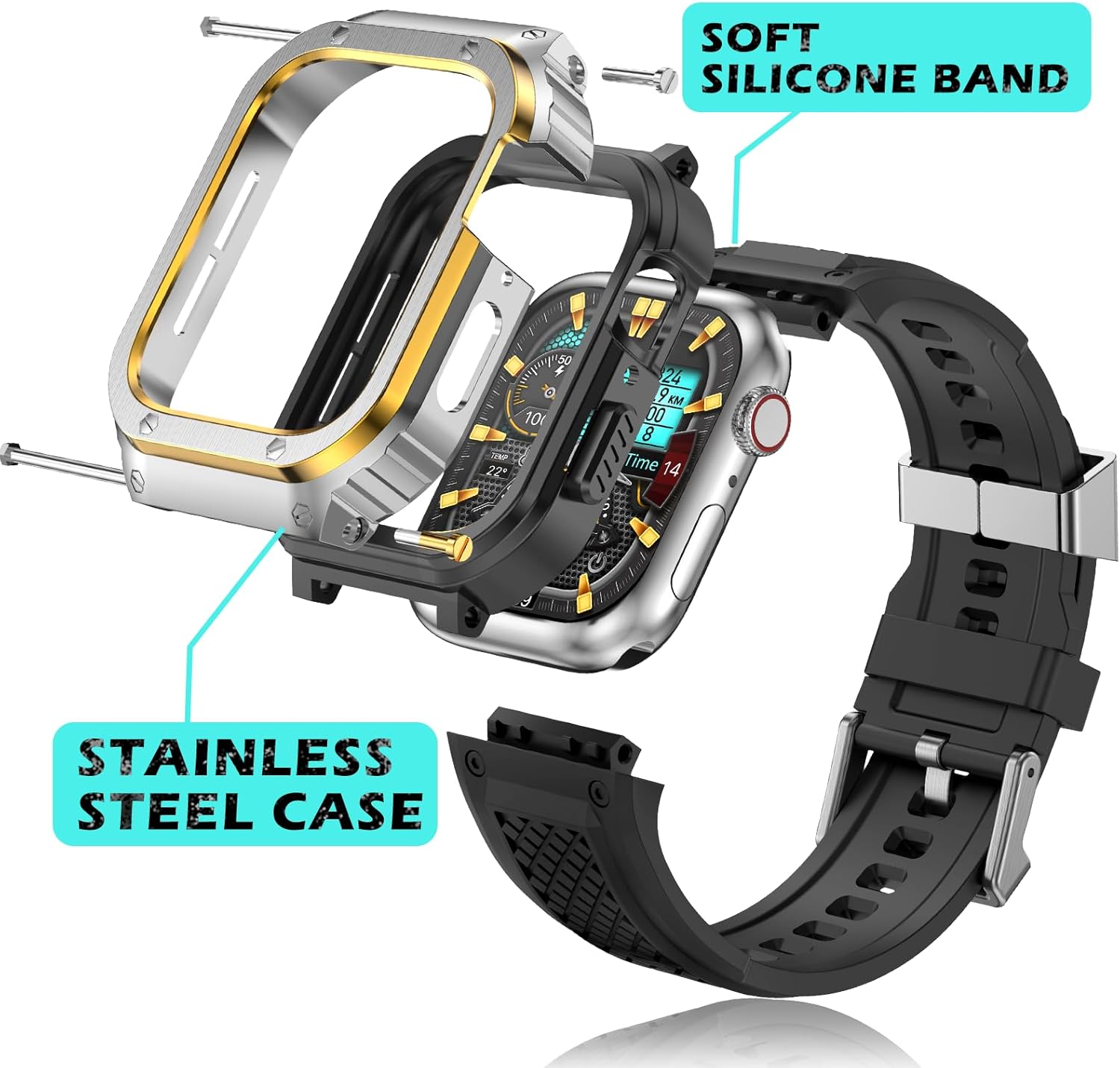 Band with Stainless Steel Case Compatible with Apple Watch Series SE 3 2 1/6 5 4 44mm, Series 3 2 1 42mm Band, iwatch Bands Rugged Protective Metal Cover for Men (Silver Gold)