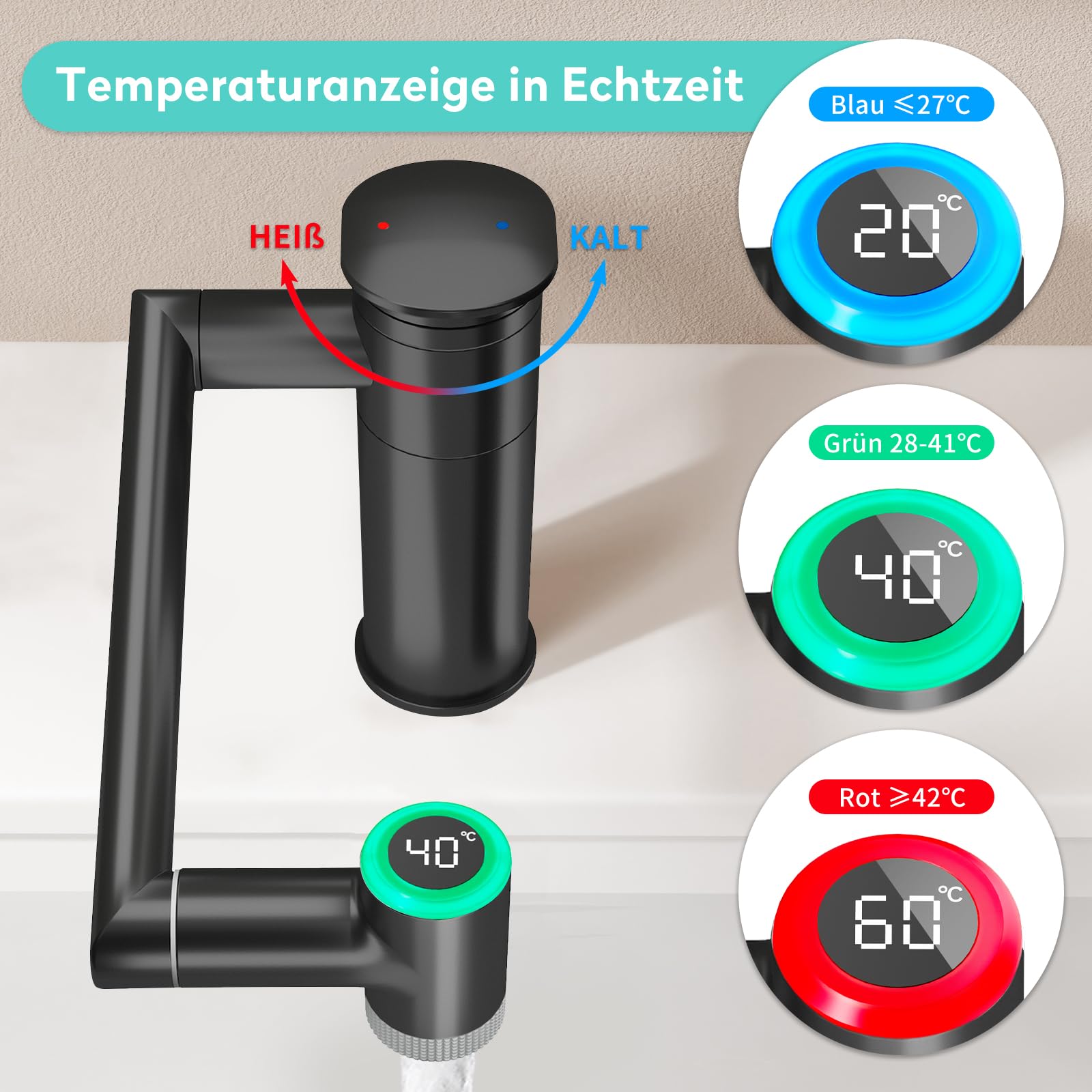 KAIYING Grifo giratorio 1080°, grifos de altura ajustable, indicador de temperatura (batería), lavabo de 1 agujero (negro)