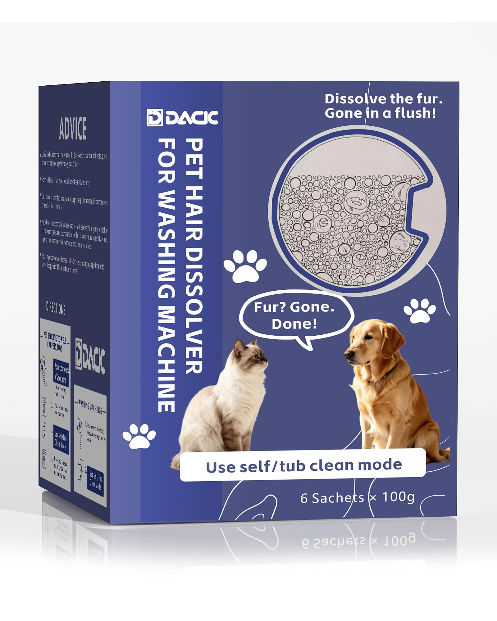 DACK Pet Hair Dissolver for Washing Machine, 6 Sachets - Pet Hair Remover for Laundry, Washing Machine Cleaner Pet Hair, Dissolves Dog &amp; Cat Hair and Fur in Washer