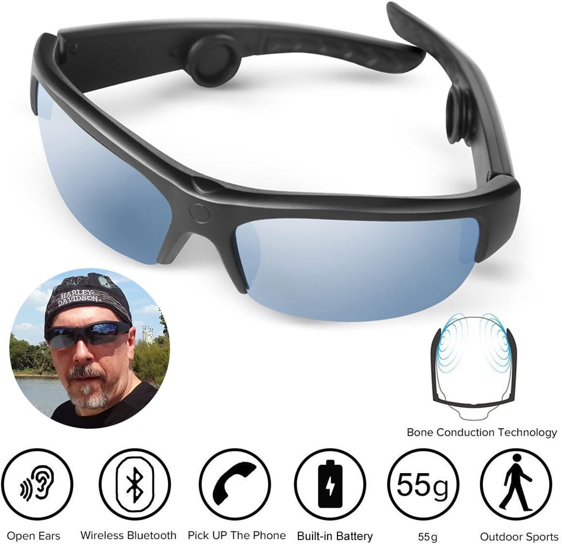 AcTek Bone Conduction Sunglasses, Bluetooth Bone Conduction Headphones Handfree Wireless Headset Open Ear Earphones with Built in Bone Conduction Speakers for iPhone Smart Phone Tablet (141mm)