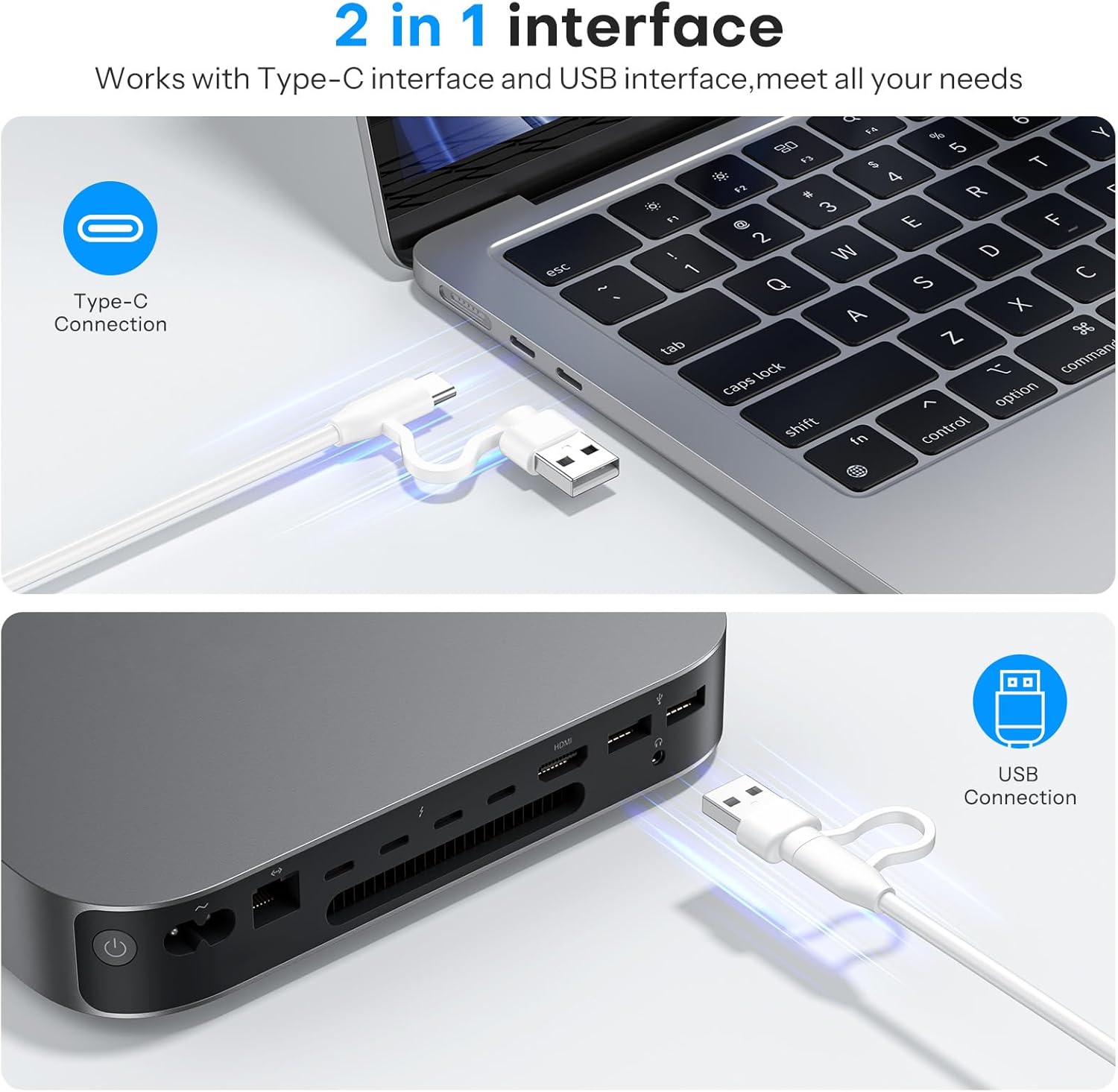 OMOTON Wired Keyboard for Mac/MacBook/iMac, with Dual Interface(Type-C and USB A) Full Size Keyboard, Silver White