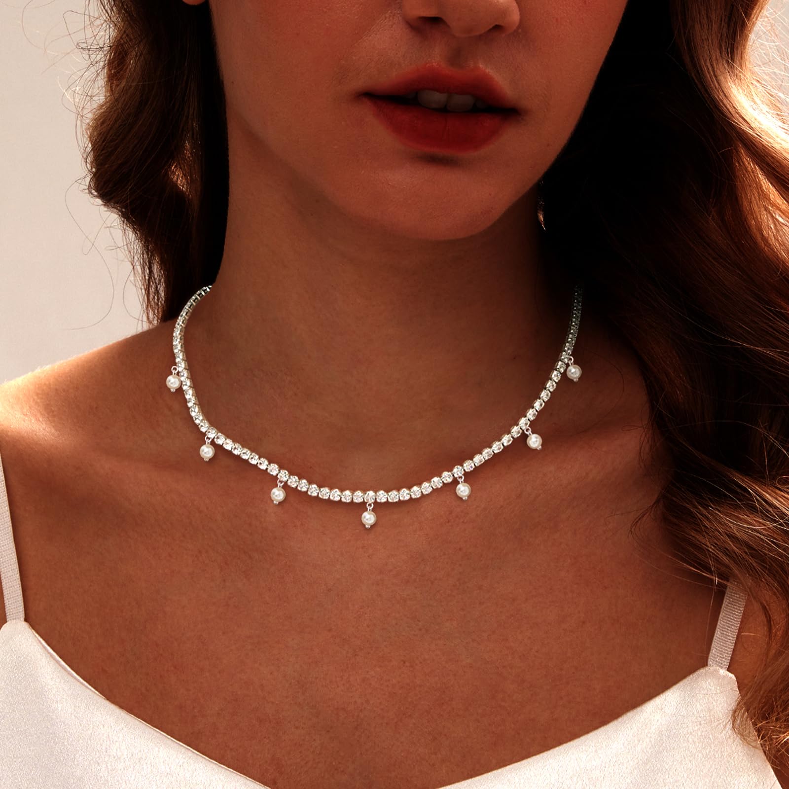 Luxval Tennis Necklace 14K Gold Plated Rhinestone Butterfly Choker Necklaces for women Dainty Zirconia Cut Faux Diamond chain 3mm: Silver-Pearl dangle tennis