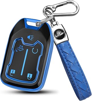 FT FUNTOR 5 Buttons Key Fob Cover with Leather Keychain for GMC, Premium TPU Case for Acadia, Tahoe, Terrain, Sierra, Silverado, 2500HD, 3500HD Blue