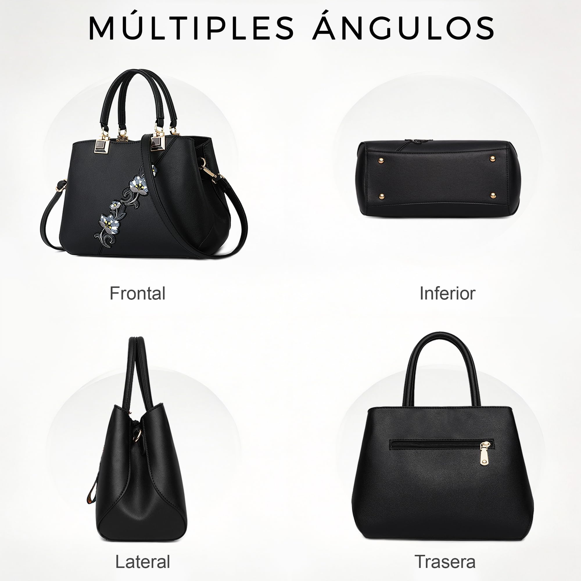 VARLIVOO Bolso Mujer Elegante Bolso de Mano con Bordado Floral PU Piel Bolsa Bandolera Marca para Trabajo Viajes Compras Fiesta Negro