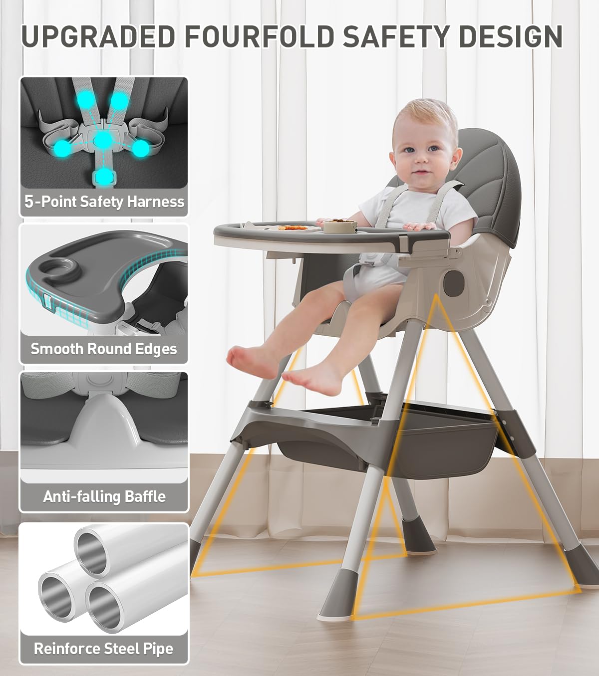 Baby High Chair, 5 in 1 High Chairs for Babies and Toddlers, Travel Foldable High Chair with Detachable PU Cushion, Double Removable Tray, Adjustable Height & Recline, Locking Wheels (Grey)