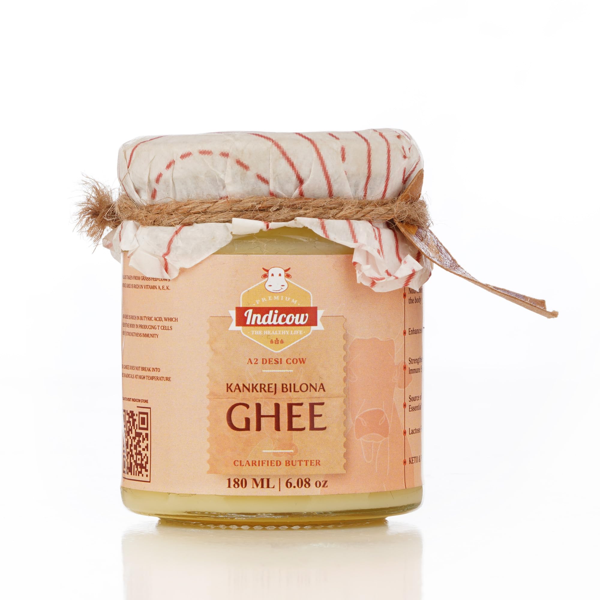 IndicowA2 Desi Cow Ghee, Clarified Butter 180ml | Grass Fed Cows | (180ml (6.08oz), A2 Kankrej Cow Ghee) | Keto and Paleo Friendly| a2 ghee organic grass fed