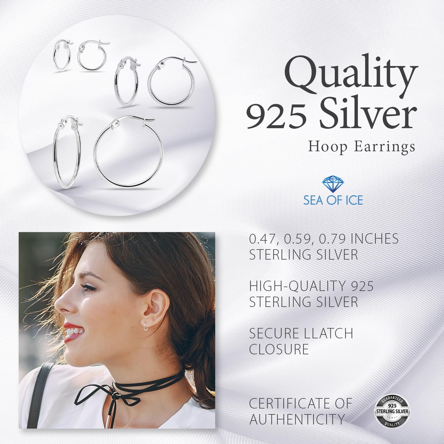 SEA OF ICE 925 Sterling Silver Hoop Earrings for Women - Hypoallergenic Earrings for Women in Sterling Silver, Yellow Gold, Rose Gold or Black Rhodium | Sizes 12MM, 15MM, 20MM or Multipack