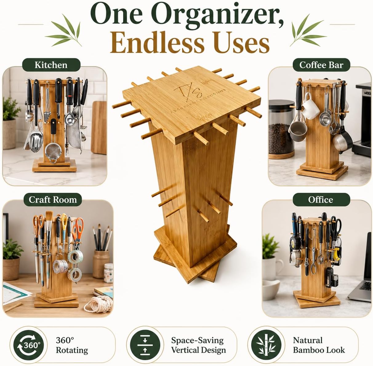 360° Bamboo Rotating Organizer for Kitchen Counter, Multi-Purpose Utensil Holder for Spatulas, Coffee Bar, Makeup Brushes, Pens, Craft Supplies & Countertop Storage