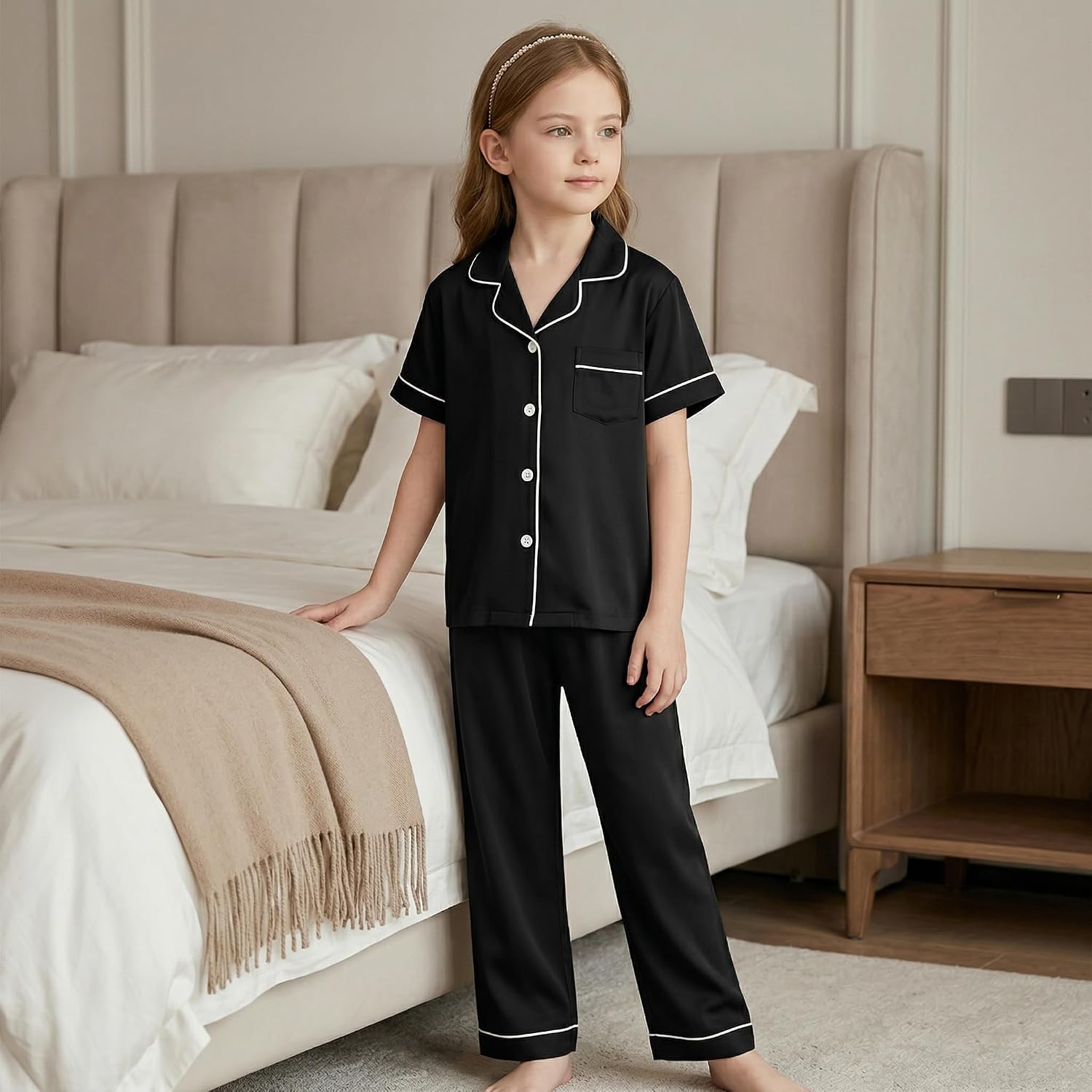 Girls Pajamas Set 3pcs Soft Button-Down Short Sleeve Kids Pjs Loungewear Sleepwear, 5-14 Years