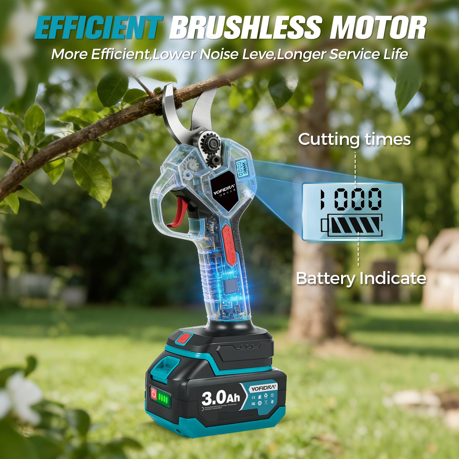 Yofidra 2-in-1 Akku Astschere Teleskop, 32mm Schnitt, Bürstenloser Motor, Elektrische Astschere mit Teleskopstange, 2x3,0Ah Batterien, LCD-Display, Max.4,1M, Gartenschere für Äste, Obstbäume