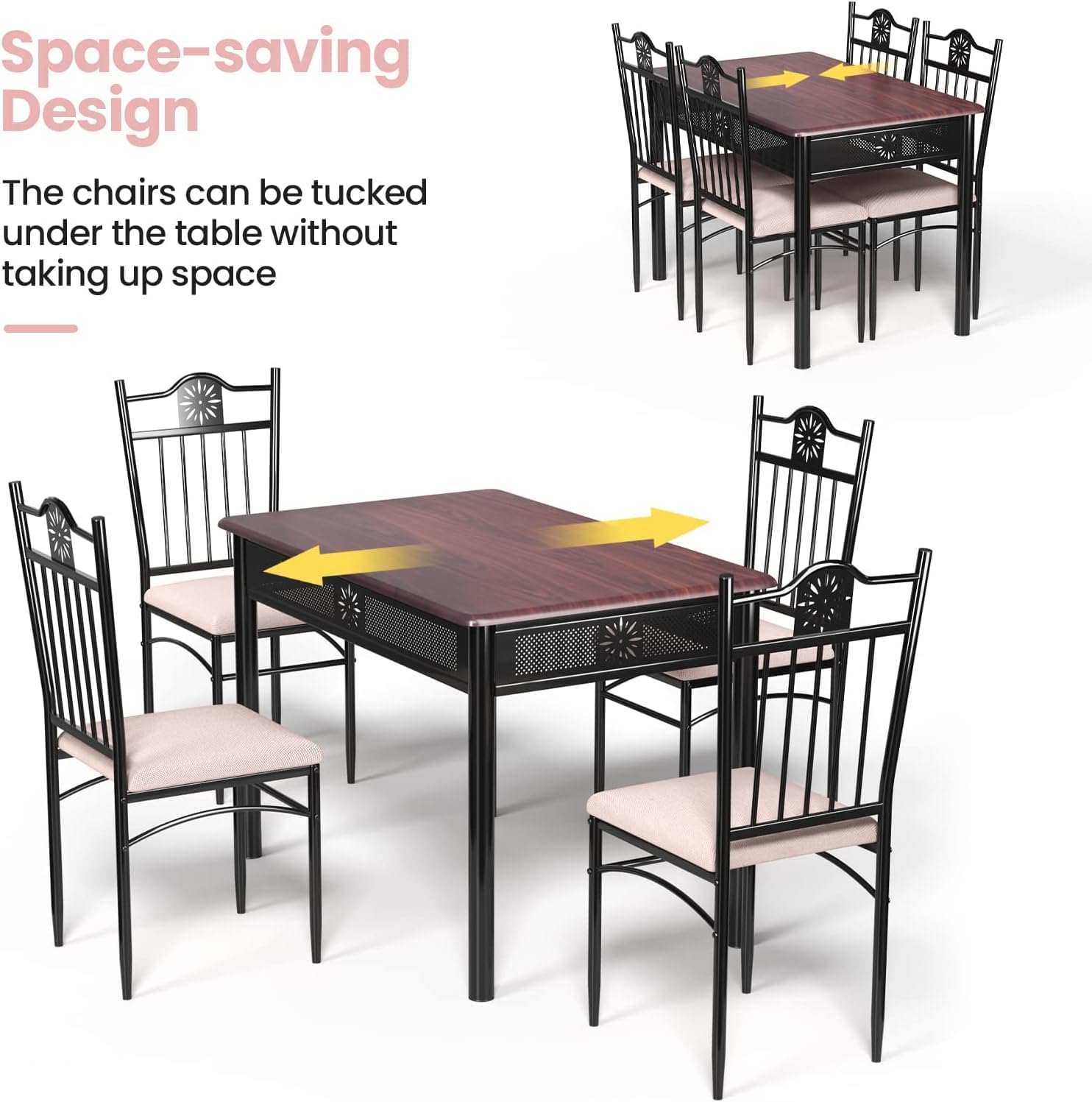 Mid Century Modern Dining Table Set for 4, 5-Piece Dining Room Table Set with Metal Frame and Padded Seat, Small Kitchen Table and Chairs for Small Spaces (Brown)