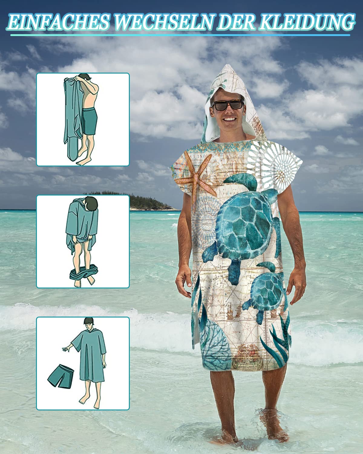 Asciugamano da Spiaggia con Cappuccio per Adulti, Accappatoio Poncho con Cappuccio, Asciugamano Microfibra con Vita Marina, Accappatoio per Cambiarsi, nuoto, surfing, spiaggia (H4-75 x 110 cm)