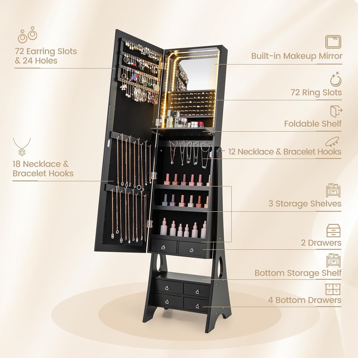 GOFLAME Jewelry Cabinet Freestanding, 3-Color LED Jewelry Armoire with Full-Length Frameless Mirror, Foldable Shelf, Bottom Shelf & 6 Drawers, 3 Adjustable Angles, Built-in Mirror, Lockable, Black