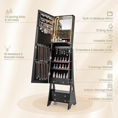 Miniatura 4 de GOFLAME Armario de joyería independiente, armario de joyería con luz LED con espejo sin marco de longitud completa, estante plegable, 6 cajones