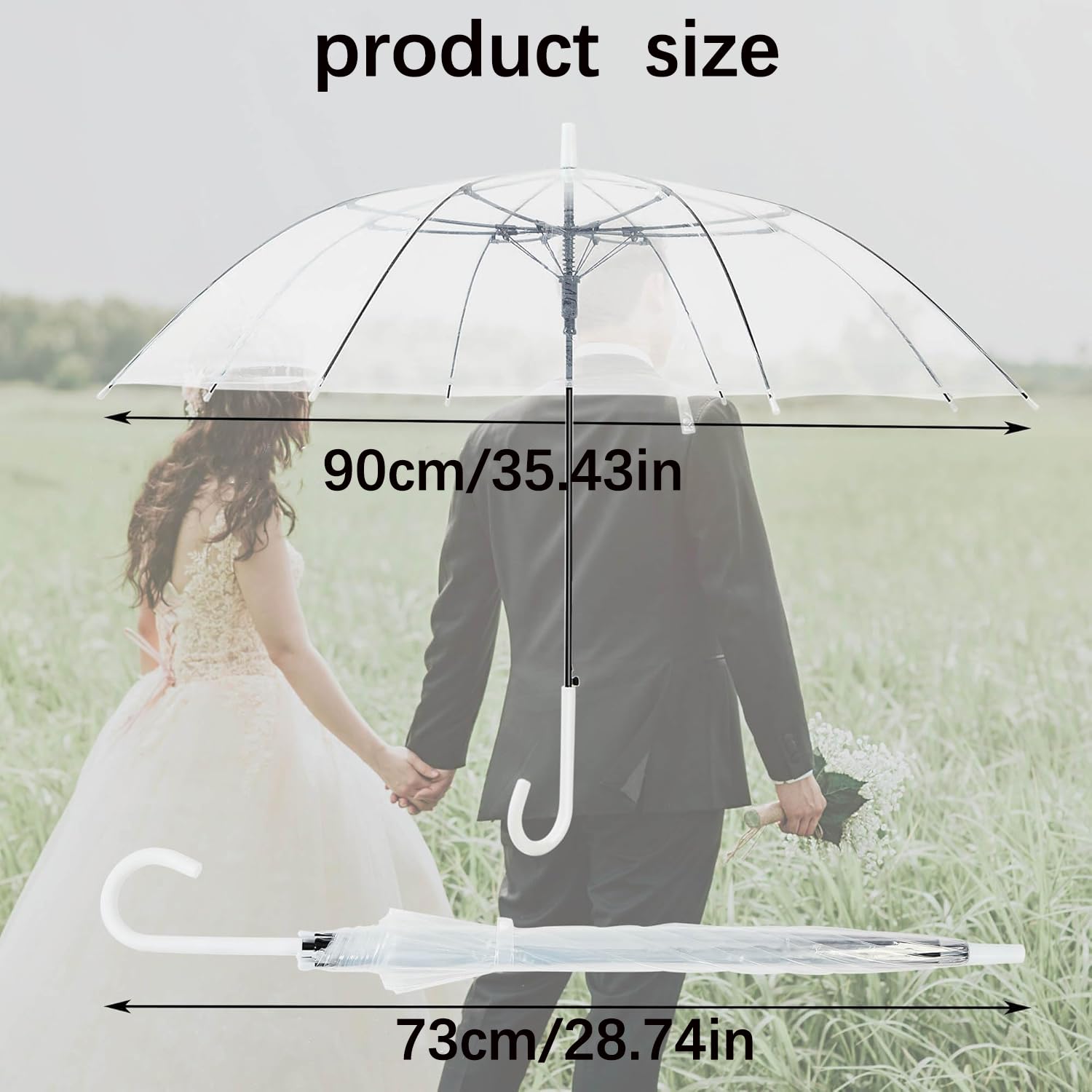 Confezione da 12 ombrelli trasparenti per matrimonio con apertura/chiusura automatica, antivento e impermeabili, con manici bianchi a forma di J, ideali per spose e sposi, fotografia e all'aperto e
