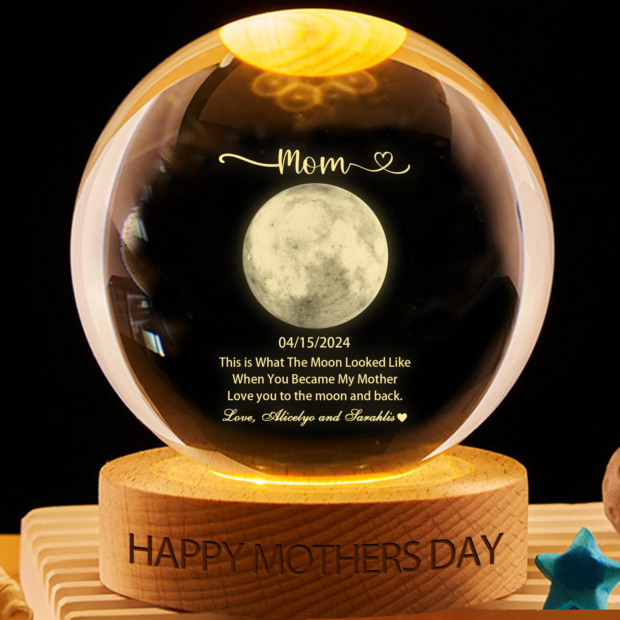 ASD Jewerly The Day You Becom My Mom, Personalized Mother's Day Family Moon Phase Crystal Ball Globe Night Light,Custom Birth Luna Picture Moon Phases Crystal Ball Lamp Gifts for Mom Mama