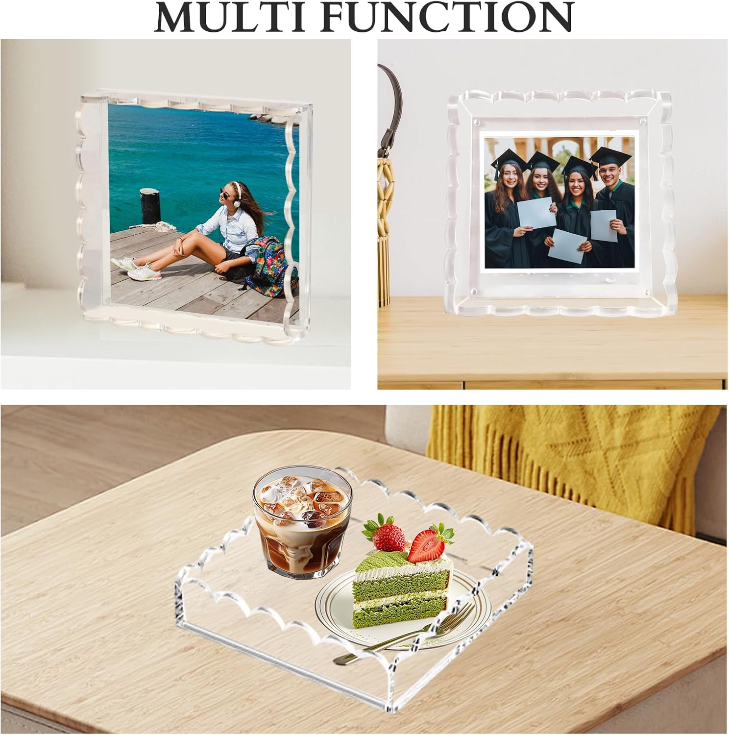 Acrylic Scalloped Tray with Magnetic Photo Mat - 8x8 inch Customizable Display Tray for Photos, Art, Messages, Clear Vanity Tray Organizer for Bathroom, Coffee Table, Home Office Decor